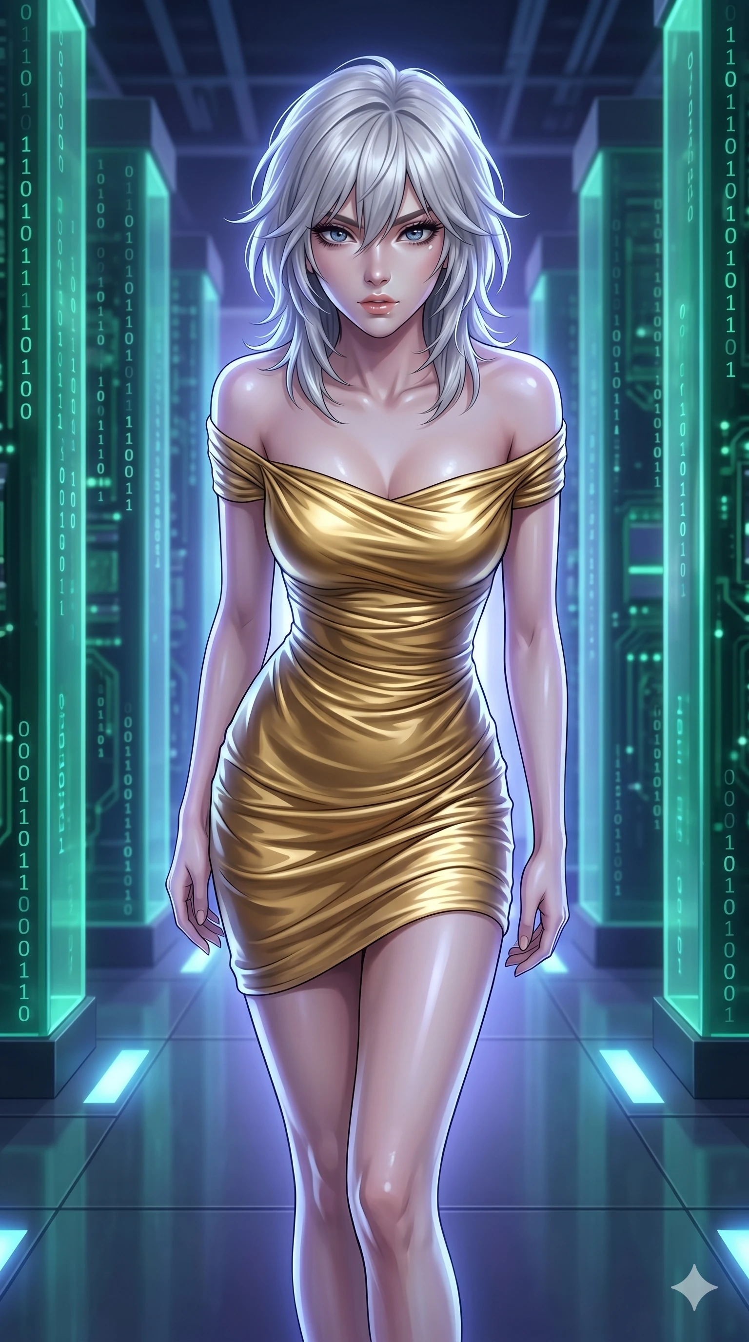 score_9, masterpiece, best quality, ultra-detailed, high-budget anime keyframe, editorial fashion photography, tasteful artistic composition, Japanese woman. cowboy shot from the thighs up, character and outfit filling the frame for maximum editorial presence. Leaning slightly forward toward the viewer, her gaze intense and capturing attention inside a quantum datacenter where binary code cascades down giant towering emerald pillars. She has an absolutely perfect 8-heads proportion, an exceptionally tall and slender female figure with impossibly long slender legs and an ultra-slim waist. V-shaped jawline, high-bridge nose, intricate jewel-like eyes with depth, thick eyelashes, glossy lips with a natural sheen. wearing an off-shoulder liquid gold jersey dress that clings to her statuesque frame with elegant ruching. bathed in a cool, ethereal blue-violet bioluminescent glow that highlights her form from all sides. 2k, ultra detail, master piece, 9:16 ratio