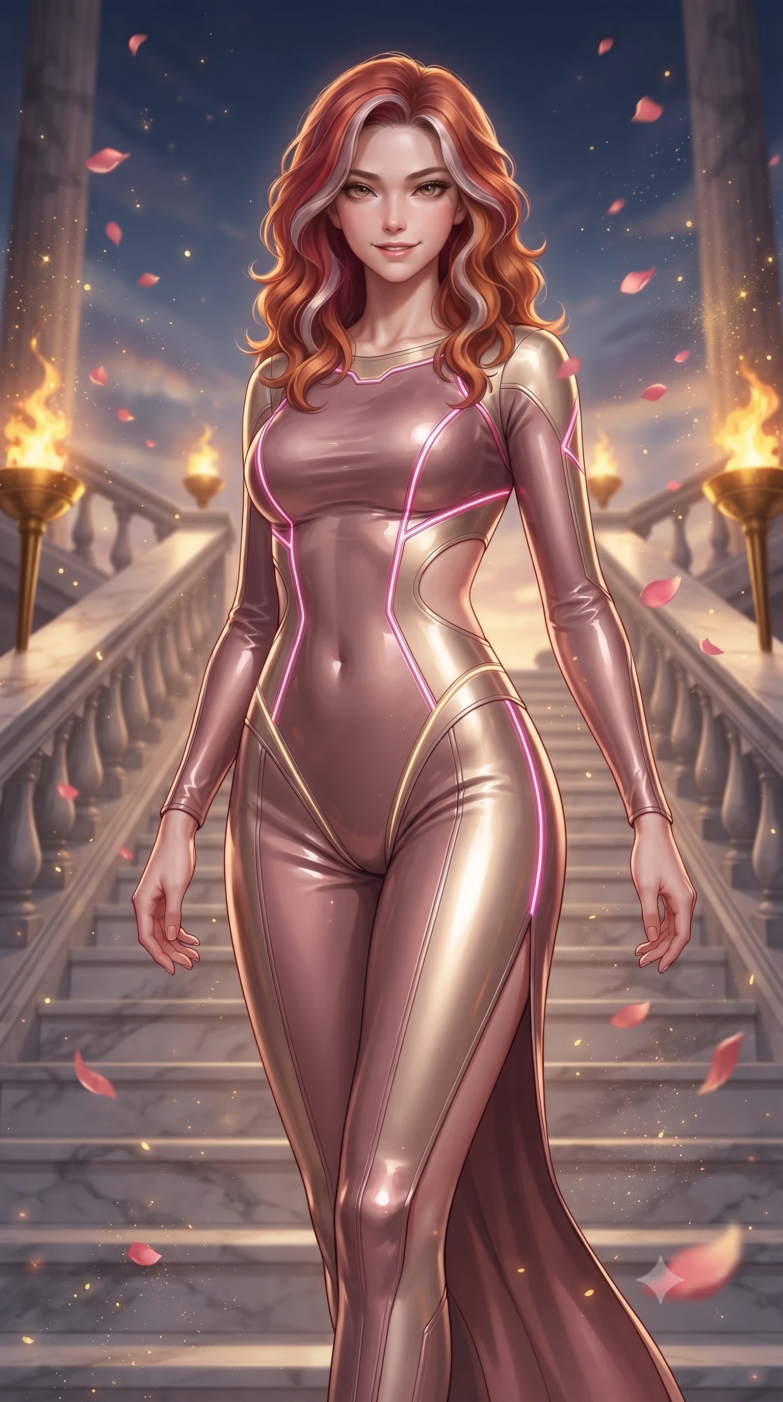score_9, masterpiece, best quality, ultra-detailed, high-budget anime keyframe, editorial fashion photography, tasteful artistic composition, Caucasian woman. close-up cowboy shot from the waist and thighs up, the character dominates the composition, filling the frame with her large presence, background elements kept in soft focus. Smiling with quiet, magnetic self-assurance directly into the lens descending a grand marble staircase flanked by golden torch flames at dusk, floating rose petals and golden dust motes sparkling in the air. She has an exceptionally elegant, slender, and willowy female figure with an ultra-slim waist, a gracefully sculpted slender torso, and a refined silhouette. sharp v-shaped jawline, high-bridge nose, intricate jewel-like eyes with depth, thick eyelashes, glossy lips with a natural sheen. wearing a skin-tight cybernetic bodysuit with glowing neon seams and side cutouts in dusty rose and champagne gold, tailored from high-gloss patent leather, finished with a sleek side slit ascending to mid-thigh, the elegant draped fit framing her graceful clavicle and slender torso. surrounded by a bright, luxurious aura of warm sunshine and sky reflections. ultra-reflective glossy finish, specular highlights, metallic sheen, high-contrast stereoscopic depth, volumetric dynamic lighting, 2k, ultra detail, master piece, 9:16 ratio