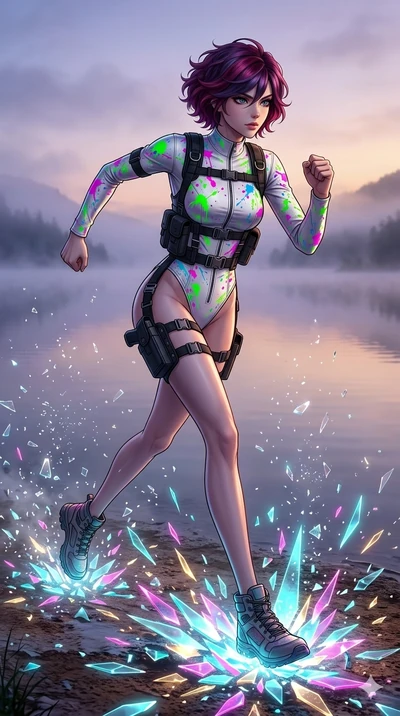 score_9, masterpiece, best quality, ultra-detailed, Set A: High-budget Anime Keyframe, Japanese woman. Low angle cowboy shot filling the entire 9:16 frame with her statuesque presence. Drawing a blade through a virtual reality void, holding a relic t