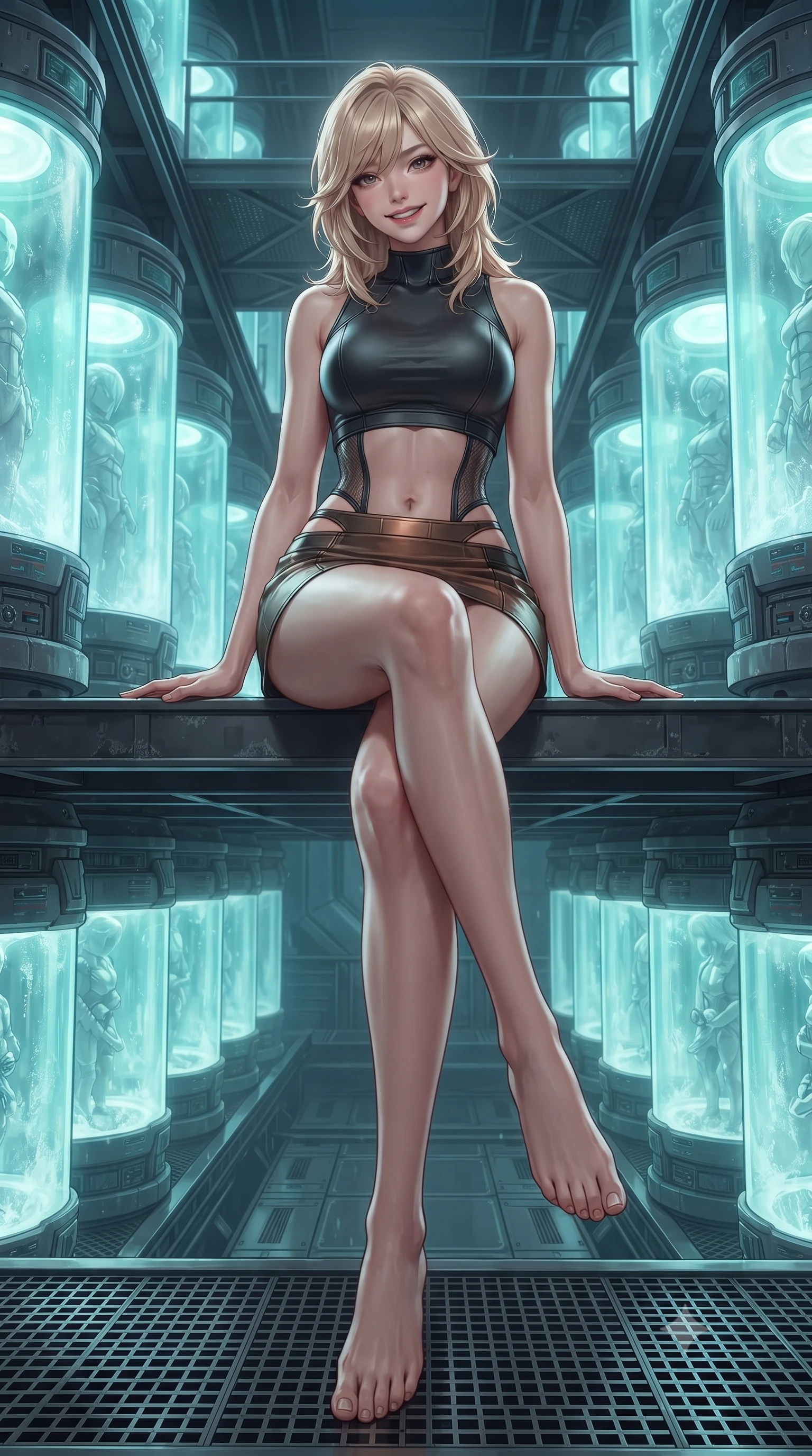 score_9, masterpiece, best quality, ultra-detailed, high-budget anime keyframe, editorial fashion photography, tasteful artistic composition, Japanese woman. low angle full-body shot from head to toe showing her feet, filling the entire 9:16 vertical frame with her statuesque presence, stretching her vertical silhouette. sitting perched on the elevated maintenance gantry edge with legs crossed and hips angled toward the camera, displaying her toned midriff and long slender limbs with joyful, coquettish charm while standing poised between rows of glowing vertical cryo-capsules, arching her back with ice-cold, sovereign elegance. The surrounding environment is rendered in vivid detail and crisp panoramic clarity: sharp frost rime on pod glass, cryogenic valve pressure dials, and textured steel floor grating in deep focus. She has an absolutely perfect, statuesque 8.5-heads proportion, an exceptionally tall and slender model-like female figure with impossibly long slender legs, an ultra-slim waist, a flat toned midriff, narrow delicate ribcage, and beautifully sculpted feminine hips creating a graceful, slim hourglass silhouette without any bulky heaviness. sharp v-shaped jawline, high-bridge nose, intricate jewel-like sparkling eyes with depth, thick eyelashes, glossy parted lips with a natural sheen, bright confident smile with an enchanting and coquettish sensual glint, exuding both youthful magnetic charm and sovereign high-tech allure, flawlessly proportioned anatomical accuracy, strict slender model proportions, natural body alignment, perfectly sculpted long slender limbs, ultra-slim waistline, clean dynamic posture without body distortion. wearing a body-hugging modern carbon-alloy crop top paired with a low-rise tactical skirt and a subtle waist cut-out in burnished bronze alloy and smoked glass black, formed from supple thermal silicone composite adhering seamlessly like a second skin, finished with delicate carbon-fiber boning framing the narrow waistline, the form-contouring cut accentuating her sculpted flat midriff, narrow delicate ribcage, and gracefully curvy hips with cybernetic supermodel precision. bathed in soft icy cyan and pale aquamarine glow emitted from stasis pod interiors. ultra-reflective glossy finish, specular highlights, rich textural contrasts, high-contrast stereoscopic depth, volumetric dynamic lighting, 2k, ultra detail, master piece, 9:16 ratio