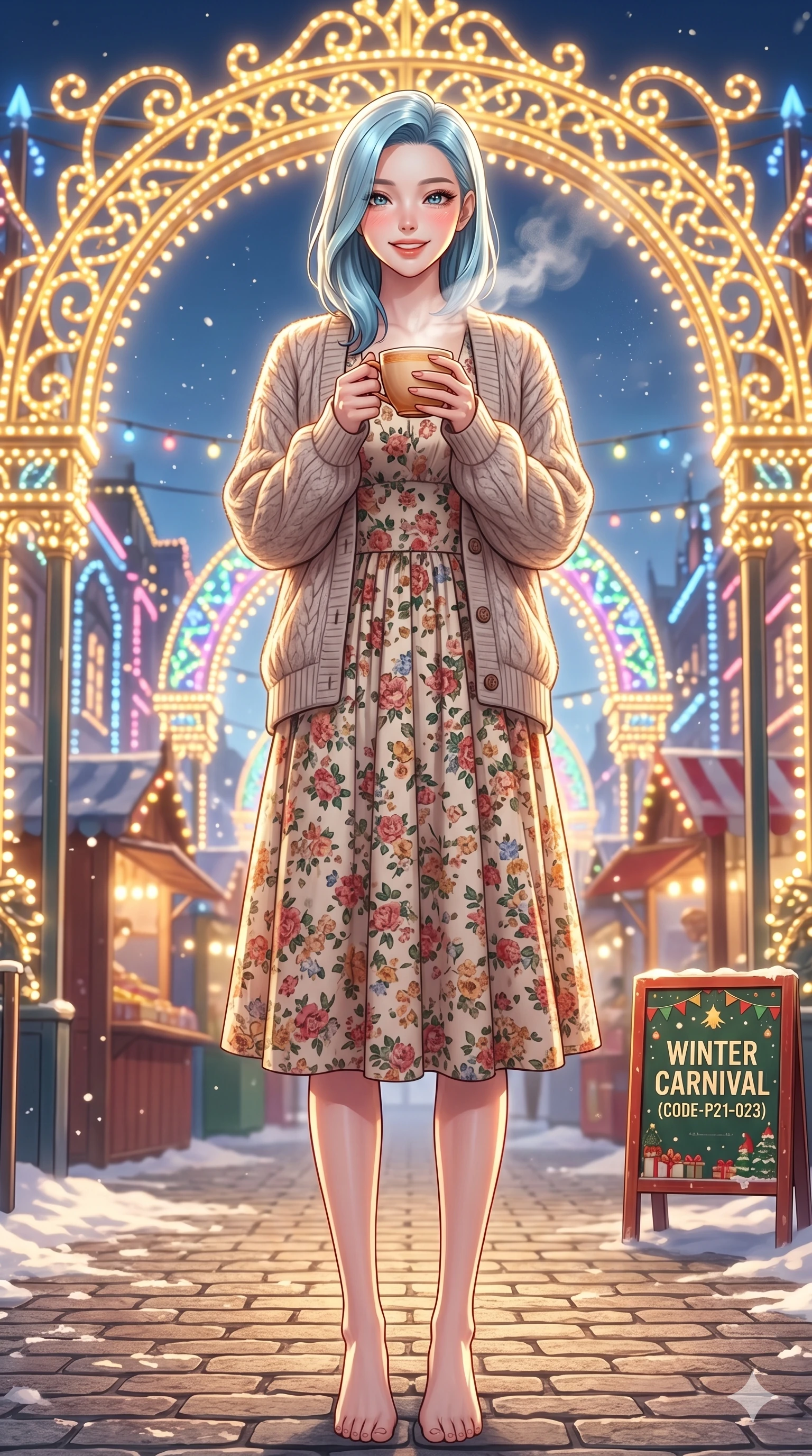 score_9, masterpiece, best quality, ultra-detailed, high-budget anime keyframe, vibrant anime aesthetic, Korean woman. low angle full-body shot from head to toe showing her feet, filling the entire 9:16 vertical frame with her statuesque presence, stretching her vertical silhouette. She is holding a warm cup of tea with a bright, charming smile, looking directly at the lens by a vibrant winter carnival entrance decorated with glowing golden arches (Code-P21-023). She has an absolutely perfect 8-heads proportion, an exceptionally tall and slender female figure with impossibly long slender legs and an ultra-slim waist. V-shaped jawline, high-bridge nose, intricate jewel-like eyes with depth, thick eyelashes, glossy lips with a natural sheen. wearing a vintage floral print midi dress with a knit cardigan in autumn. She is drenched in bright afternoon winter sun, highlighting the glossy textures of her outfit. 2k, ultra detail, master piece, 9:16 ratio