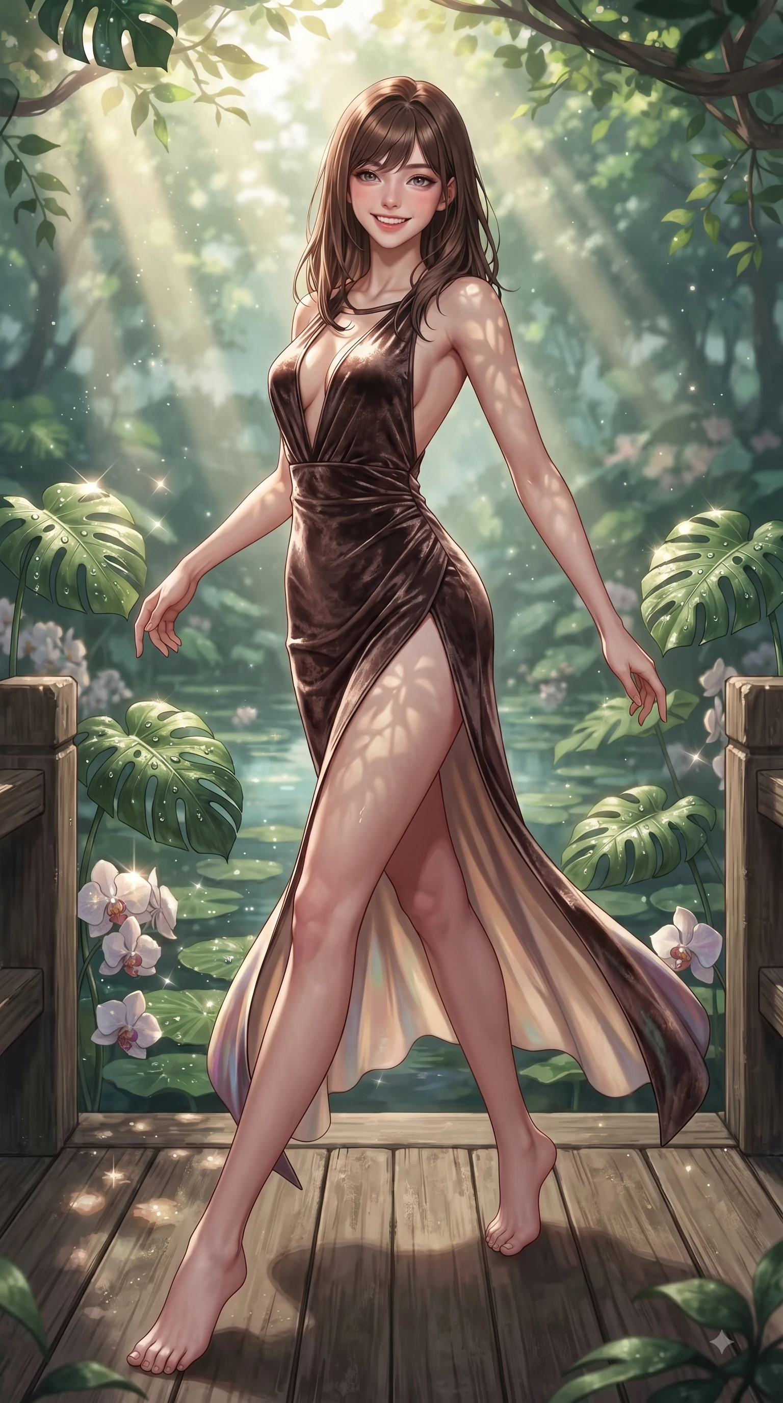 score_9, masterpiece, best quality, ultra-detailed, high-budget anime keyframe, editorial fashion photography, tasteful artistic composition, Korean woman. low angle full-body shot from head to toe showing her feet, filling the entire 9:16 vertical frame with her statuesque presence, stretching her vertical silhouette. forging dynamically through the scene with a fresh infectious smile, her ultra-slim waist creating a sweeping curve while pivoting dynamically on a wooden bridge over a lotus pond with a radiant beaming smile, dewdrops on lush green Monstera leaves and orchids scattering bright specular highlights. She has an absolutely perfect, statuesque 8.5-heads proportion, an exceptionally tall and slender model-like female figure with impossibly long slender legs and an ultra-slim waist. sharp v-shaped jawline, high-bridge nose, intricate jewel-like eyes with depth, thick eyelashes, glossy lips with a natural sheen, flawlessly proportioned anatomical accuracy, natural body alignment, perfectly sculpted elegant limbs, clean dynamic posture without body distortion. wearing a backless crushed velvet gown with a deep V-neckline and high thigh slit in espresso brown and warm cream, crafted from iridescent chiffon that shifts colors in the light, accented with a Tasteful chest slit framing her clavicle gracefully, the form-contouring material highlighting her ultra-slim waist and long lines. illuminated by clear sunbeams casting organic leaf stencil shadows across her skin. ultra-reflective glossy finish, specular highlights, metallic sheen, high-contrast stereoscopic depth, volumetric dynamic lighting, 2k, ultra detail, master piece, 9:16 ratio