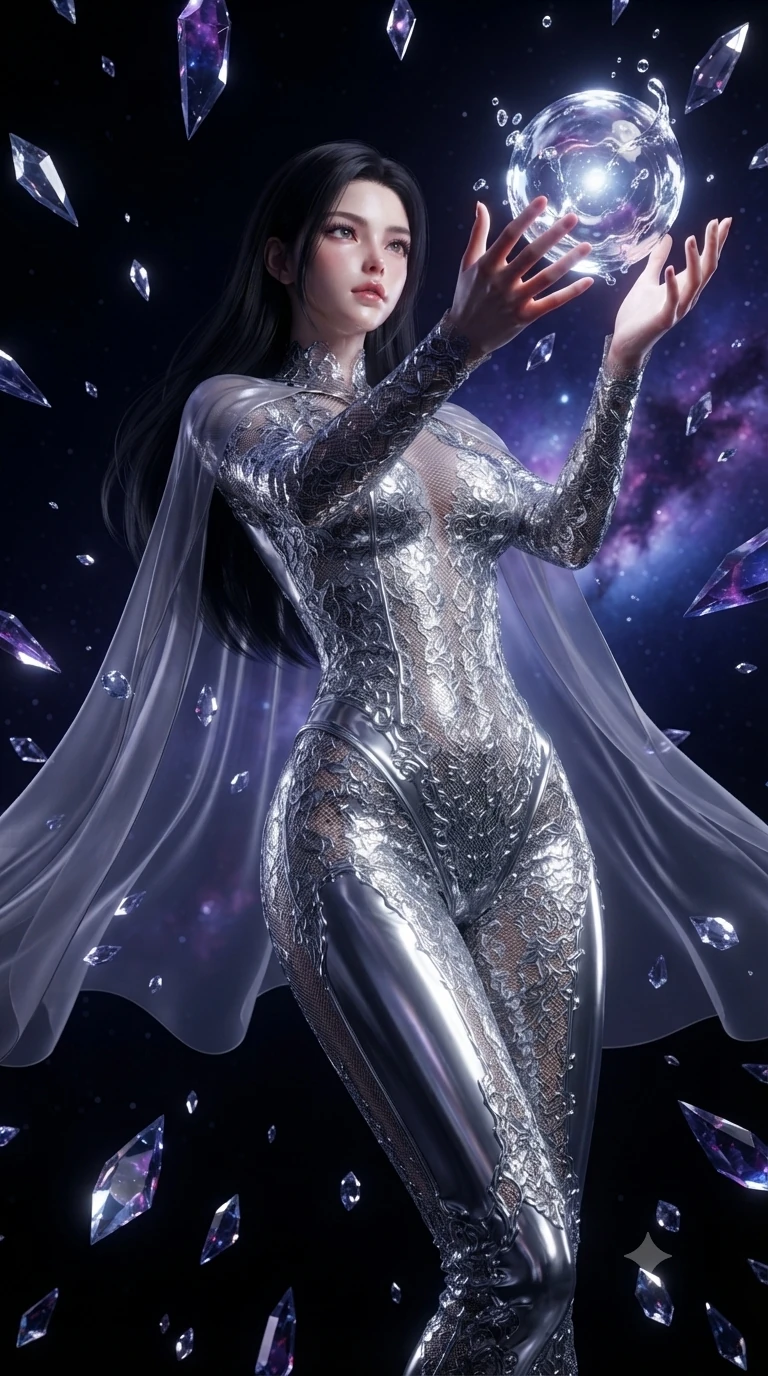 score_9, masterpiece, best quality, ultra-detailed, High-budget Anime Keyframe, editorial fashion photography, tasteful artistic composition, realistic cosplay photography, East Asian woman. Low angle cowboy shot filling the entire 9:16 frame with her statuesque presence. Scenario 468: reaching out to catch a floating sphere of liquid light in a dark void filled with floating crystal shards reflecting purple nebulae. Her presence is magnetic and overpowering in this high-budget cinematic scene. Outfit 468: a slim-fit liquid silver micro-mesh lace catsuit draped with a semi-transparent chiffon cape. The clothing is designed to emphasize her exceptionally tall and slender 8-heads proportion. 8-heads proportion, towering silhouette, ultra-slim waist. sharp v-shaped jawline, intricate jewel-like eyes with depth, thick eyelashes, glossy lips. ultra-reflective glossy finish, specular highlights, metallic sheen, high-contrast stereoscopic depth, volumetric dynamic lighting, 2k, ultra detail, master piece, 9:16 ratio