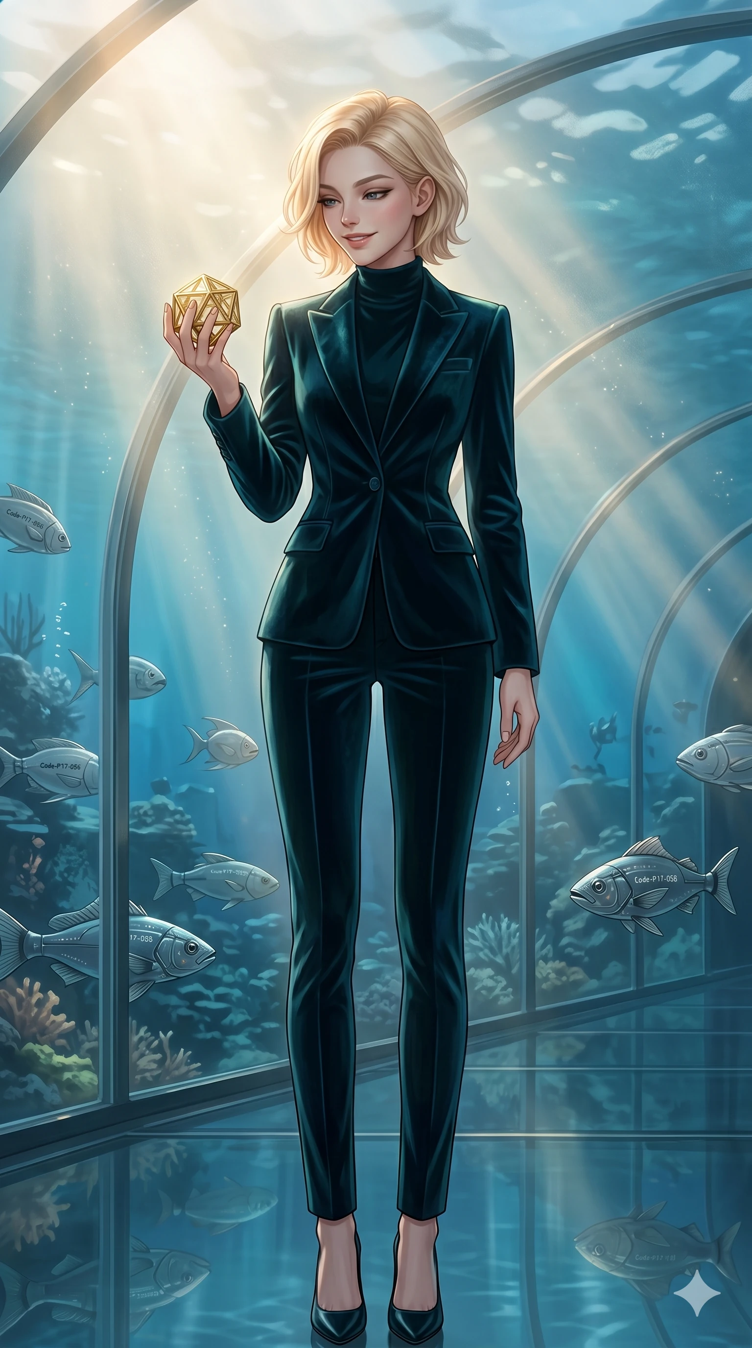 score_9, masterpiece, best quality, ultra-detailed, high-budget anime keyframe, editorial fashion photography, tasteful artistic composition, Caucasian woman, strictly human ears. cowboy shot from the thighs up, character and outfit filling the frame for maximum editorial presence. holding a small golden polyhedron, looking down with a serene and powerful smile inside an underwater glass tunnel with swimming cybernetic fish (Code-P17-056). She has an absolutely perfect 8-heads proportion, an exceptionally tall and slender female figure with impossibly long slender legs and an ultra-slim waist. V-shaped jawline, high-bridge nose, intricate jewel-like eyes with depth, thick eyelashes, glossy lips with a natural sheen. wearing a tailored velvet high-neck blazer with matching pants. soft morning sunbeams filtering through the mist, creating a soft glowing aura. 2k, ultra detail, master piece, 9:16 ratio