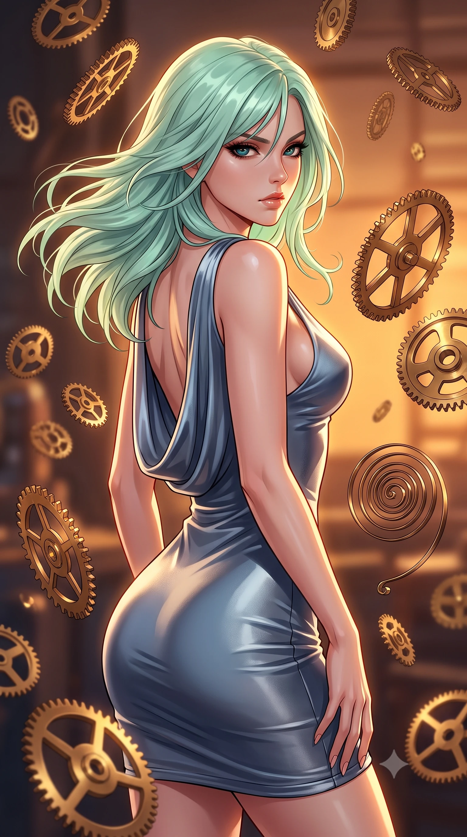 score_9, masterpiece, best quality, ultra-detailed, high-budget anime keyframe, editorial fashion photography, tasteful artistic composition, Japanese woman. close-up cowboy shot from the waist and thighs up, the character dominates the composition, filling the frame with her large presence, background elements kept in soft focus. Pivoting sharply while looking back over her shoulder with heavy lashes and a confident, intense gaze while pivoting sharply with her torso tilted as brass gears rain around her in slow motion, floating brass gears and clocksprings casting intricate metallic reflections. She has an exceptionally elegant, slender, and willowy female figure with an ultra-slim waist, a gracefully sculpted slender torso, and a refined silhouette. sharp v-shaped jawline, high-bridge nose, intricate jewel-like eyes with depth, thick eyelashes, glossy lips with a natural sheen, flawlessly proportioned anatomical accuracy, natural body alignment, perfectly sculpted elegant limbs, clean dynamic posture without body distortion. wearing a precision-fitted liquid jersey bodycon dress with a graceful draped back in slate blue and metallic silver, made of premium stretch velvet with a rich sheen, accented with a Tasteful chest slit framing her clavicle gracefully, the tailored fabric tightly following every curve of her athletic build. bathed in warm twilight amber backlighting and rich metallic specular glow. highly saturated vibrant anime colors, detailed shading with soft gradients, rich glossy textures, high-contrast stereoscopic depth, volumetric dynamic lighting, master piece, 9:16 ratio