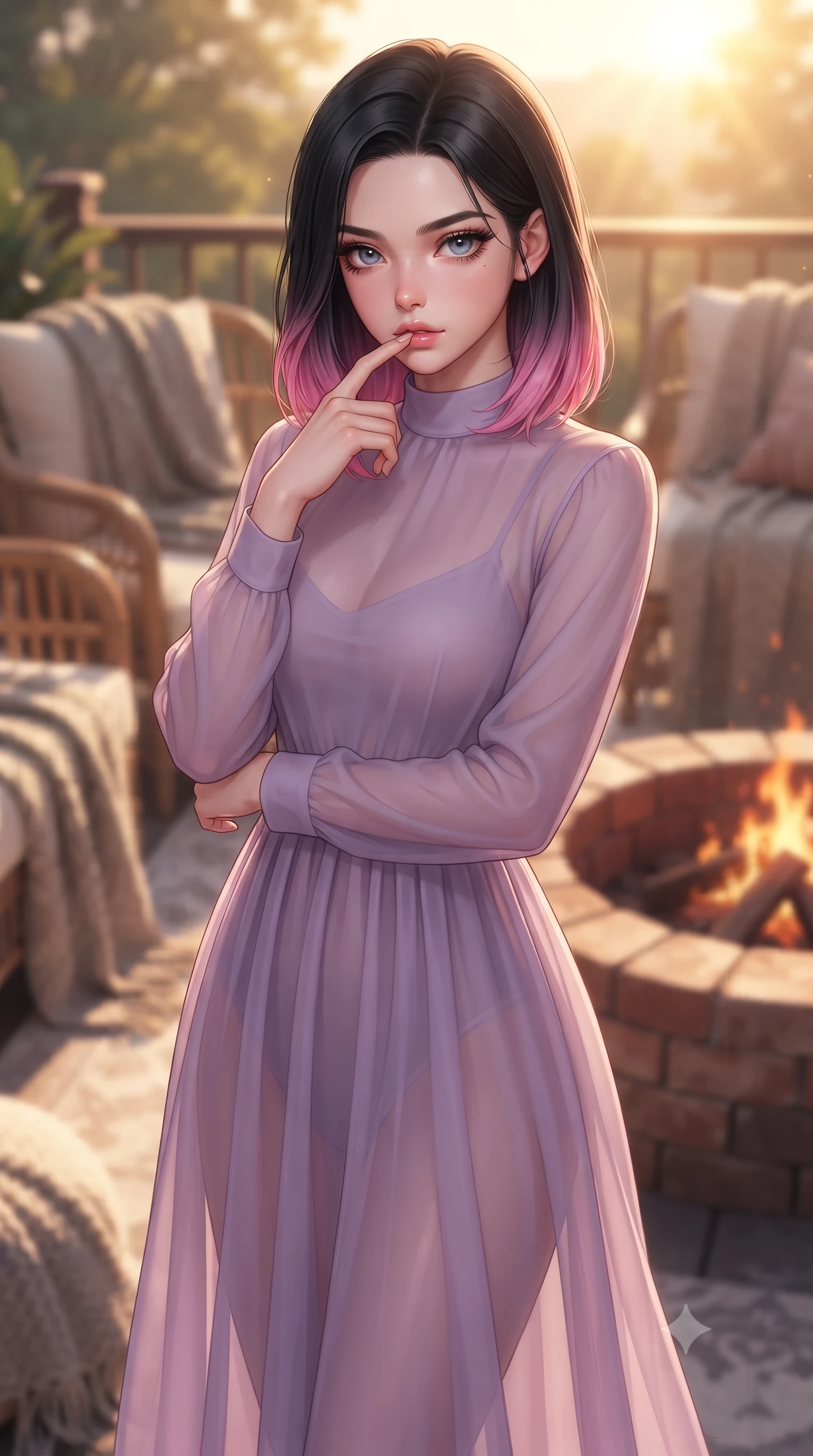 score_9, masterpiece, best quality, ultra-detailed, high-budget anime keyframe, editorial fashion photography, tasteful artistic composition, Korean woman. close-up cowboy shot from the waist and thighs up, the character dominates the composition, filling the frame with her large presence, background elements kept in soft focus. pressing one finger to her bottom lip in a thoughtful, seductive gesture under the warm sun the background shows a soft-focus a cozy outdoor lounge area with rattan chairs, wool blankets, and a brick fire pit. She has an exceptionally elegant, slender, and willowy female figure with an ultra-slim waist, a gracefully sculpted slender torso, and a refined silhouette. sharp v-shaped jawline, high-bridge nose, intricate jewel-like eyes with depth, thick eyelashes, glossy lips with a natural sheen. wearing a tailored semi-transparent chiffon maxi dress in lavender, showing her silhouette through the sheer fabric. the warm orange flicker of the campfire casting cozy, intimate shadows. ultra-reflective glossy finish, specular highlights, metallic sheen, high-contrast stereoscopic depth, volumetric dynamic lighting, 2k, ultra detail, master piece, 9:16 ratio