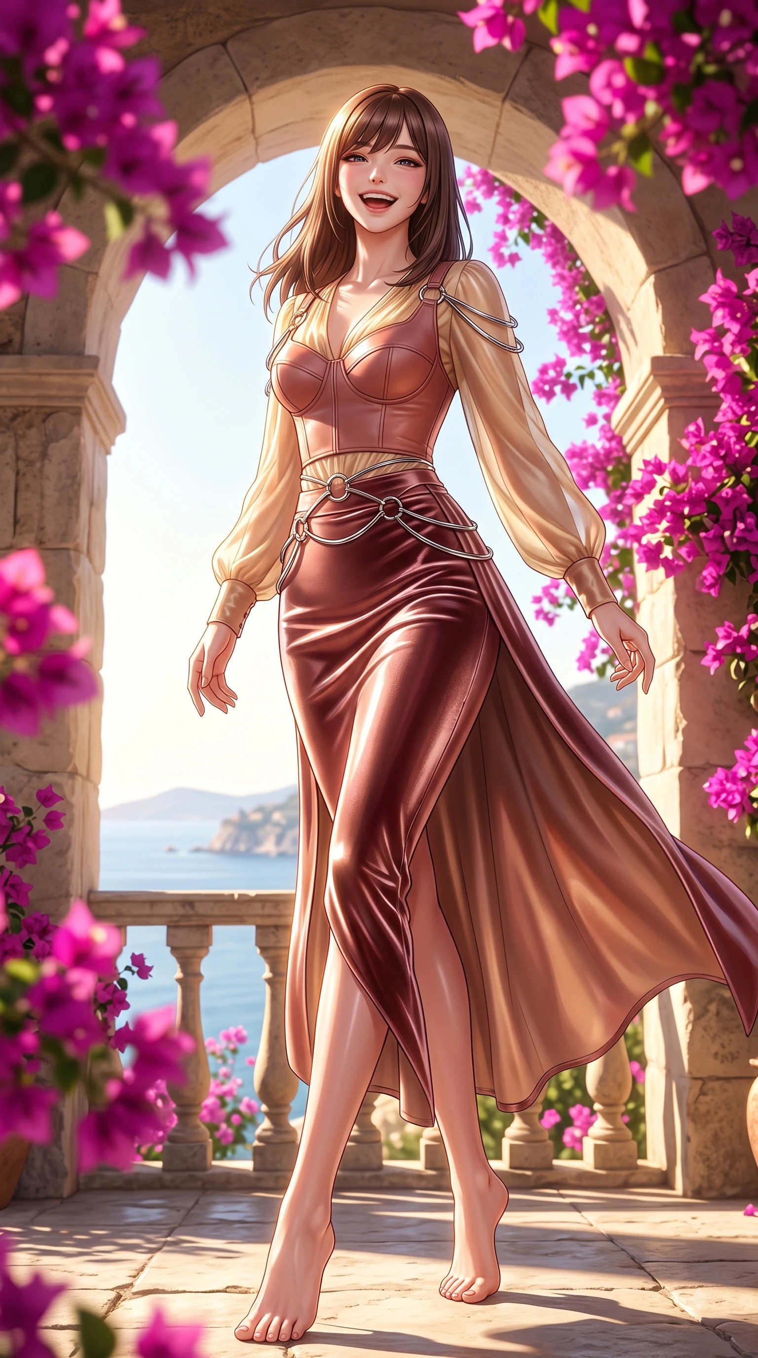 score_9, masterpiece, best quality, ultra-detailed, high-budget anime keyframe, editorial fashion photography, tasteful artistic composition, Korean woman. low angle full-body shot from head to toe showing her feet, filling the entire 9:16 vertical frame with her statuesque presence, stretching her vertical silhouette. pivoting dynamically in zero-gravity with a delighted laughing expression, displaying her perfect model proportions while resting happily on a stone archway balcony as intense Mediterranean sunlight warms her form, vivid magenta bougainvillea blossoms creating colorful framing around her smiling face. She has an absolutely perfect, statuesque 8.5-heads proportion, an exceptionally tall and slender model-like female figure with impossibly long slender legs and an ultra-slim waist. sharp v-shaped jawline, high-bridge nose, intricate jewel-like eyes with depth, thick eyelashes, glossy lips with a natural sheen, flawlessly proportioned anatomical accuracy, natural body alignment, perfectly sculpted elegant limbs, clean dynamic posture without body distortion. wearing a tailored leather bustier over a sheer silk chiffon blouse in dusty rose and champagne gold, made of premium stretch velvet with a rich sheen, accented with delicate chrome ring hardware framing her waist, the glove-like fit emphasizing her statuesque silhouette during motion. surrounded by a clear, sun-drenched atmosphere with crisp cheerful highlights. ultra-reflective glossy finish, specular highlights, metallic sheen, high-contrast stereoscopic depth, volumetric dynamic lighting, 2k, ultra detail, master piece, 9:16 ratio