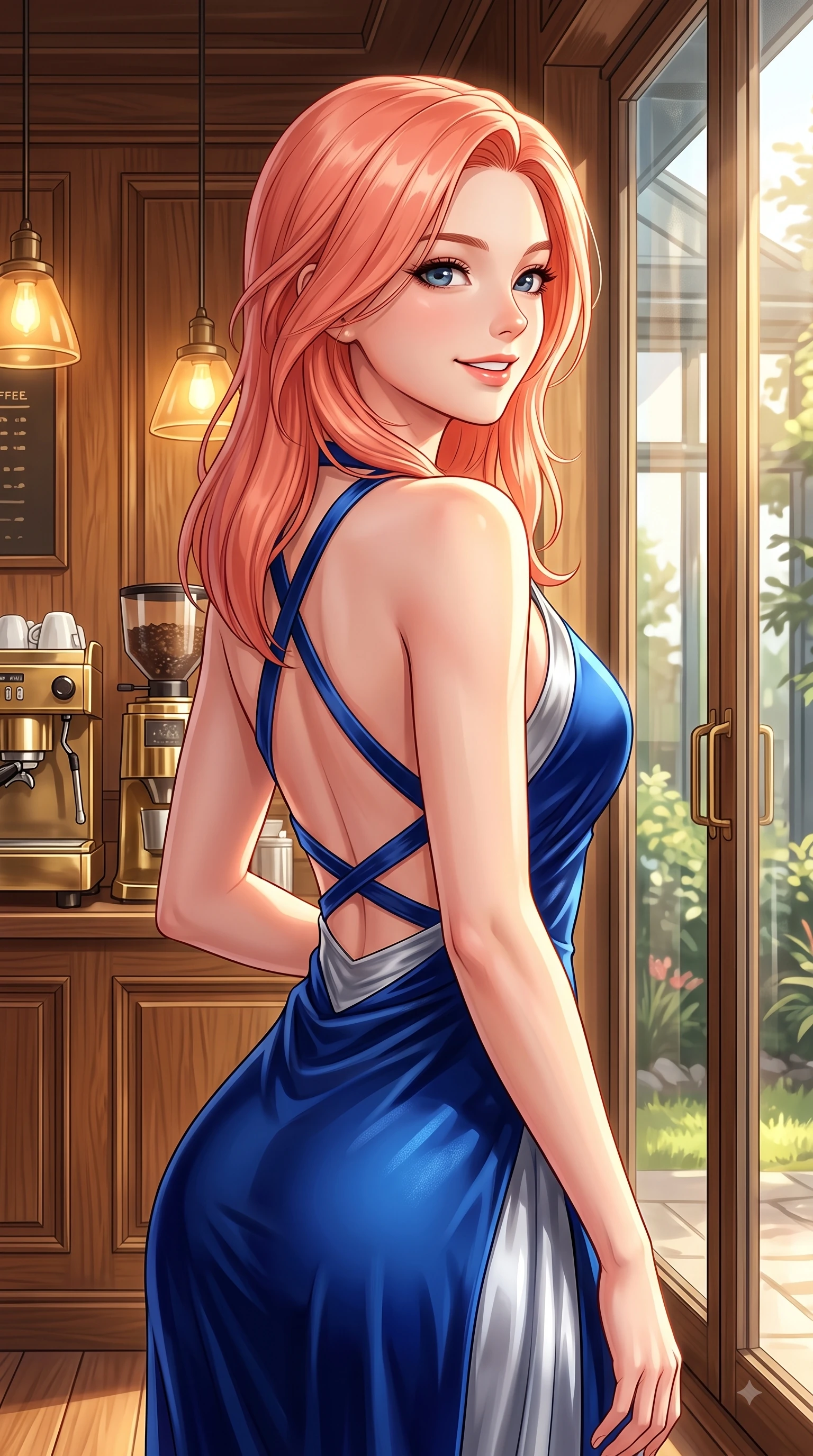 score_9, masterpiece, best quality, ultra-detailed, high-budget anime keyframe, editorial fashion photography, tasteful artistic composition, Japanese woman. close-up cowboy shot from the waist and thighs up, the character dominates the composition, filling the frame with her large presence. Youthful bright smile exuding pure cute charm and fresh energy, her torso turning dynamically into the lens while looking out a large glass window with a tender cute smile as golden light streams in. The surrounding environment is rendered in vivid detail and crisp panoramic clarity. rich oak wood wall paneling, brass coffee machines, and glass window views in sharp resolution. She has an exceptionally elegant, slender, and willowy female figure with an ultra-slim waist, a gracefully sculpted slender torso, and a refined silhouette. sharp v-shaped jawline, high-bridge nose, intricate jewel-like eyes with depth, thick eyelashes, glossy lips with a natural sheen, flawlessly proportioned anatomical accuracy, natural body alignment, perfectly sculpted elegant limbs, clean dynamic posture without body distortion. wearing a delicate silk halter-neck dress following her curves gracefully in deep royal blue and polished silver accent, made of lustrous stretch velvet, finished with delicate criss-cross back straps highlighting her bare shoulders, the elegant draped fit framing her graceful clavicle and slender torso. illuminated by soft glowing amber indoor lamps and natural garden reflections. highly saturated vibrant anime colors, detailed shading with soft gradients, rich glossy textures, high-contrast stereoscopic depth, volumetric dynamic lighting, master piece, 9:16 ratio