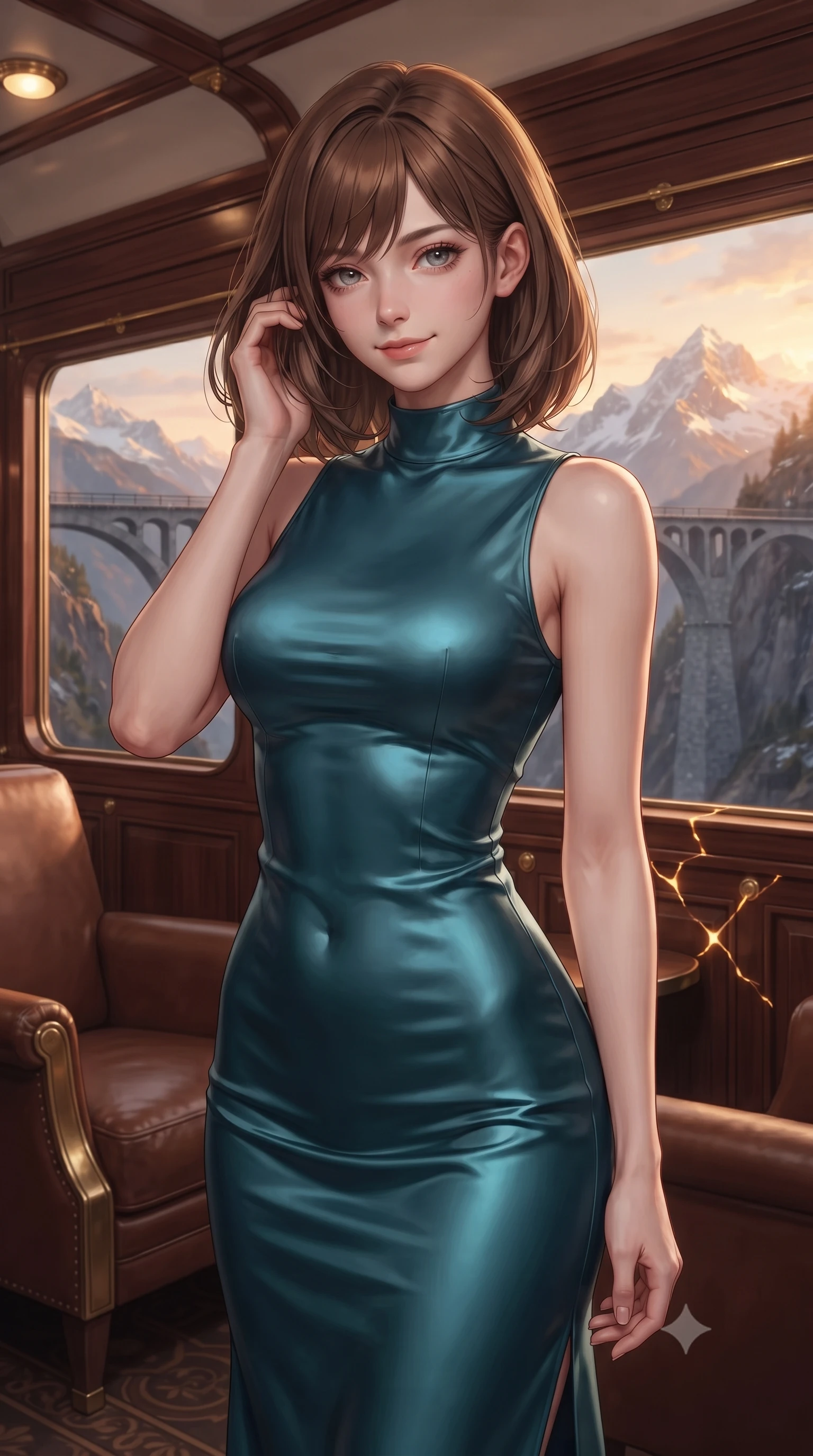 score_9, masterpiece, best quality, ultra-detailed, high-budget anime keyframe, editorial fashion photography, tasteful artistic composition, Caucasian woman, strictly human ears. close-up cowboy shot from the waist and thighs up, the character dominates the composition, filling the frame with her large presence, background elements kept in soft focus. Gently brushing hair from her face with an enigmatic half-smile. set against a soft-focus background of the observation car of a legendary luxury train crossing a spectacular mountain bridge at sunset with polished mahogany panels brass fittings leather armchairs and panoramic windows framing snow-capped peaks. She has an exceptionally elegant and slender, willowy female figure with an ultra-slim waist, a gracefully sculpted slender torso, and a refined slim physique. sharp v-shaped jawline, high-bridge nose, intricate jewel-like eyes with depth, thick eyelashes, glossy lips with a natural sheen. wearing a form-contouring mock-neck dress in glossy deep teal silk, highlighting her slender build and elegant proportions. glowing kintsugi gold light radiating from cracks in the environment creating a majestic inner glow. 2k, ultra detail, master piece, 9:16 ratio