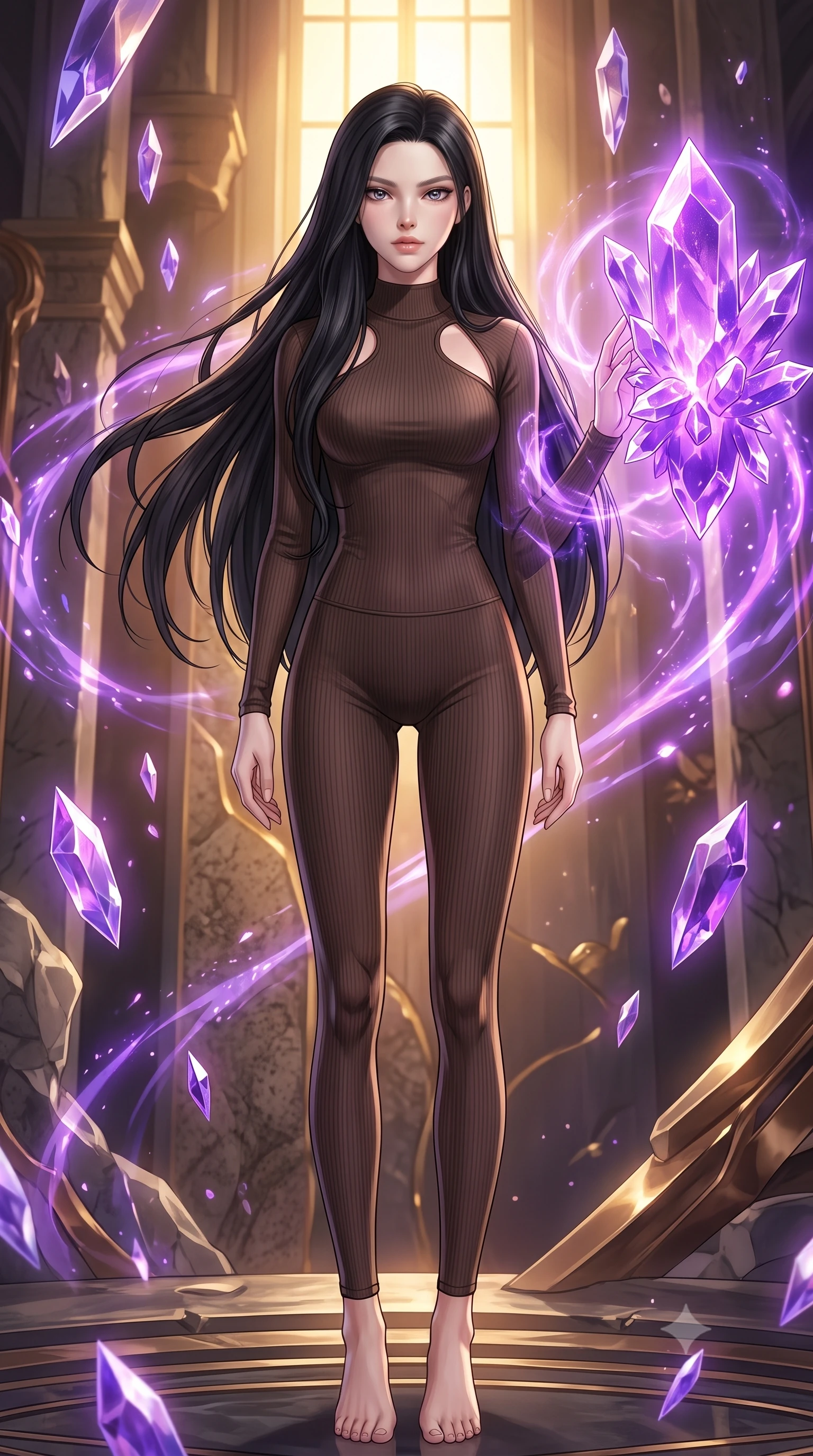 score_9, masterpiece, best quality, ultra-detailed, high-budget anime keyframe, editorial fashion photography, tasteful artistic composition, Korean woman. low angle full-body shot from head to toe showing her feet, filling the entire 9:16 vertical frame with her statuesque presence, stretching her vertical silhouette. interacting gracefully with the magical floating elements while maintaining a confident posture touching a giant floating violet crystal cluster emitting pulsing energy, sharp crystalline reflections creating an opulent, jewel-like ambience. She has an absolutely perfect, statuesque 8.5-heads proportion, an exceptionally tall and slender model-like female figure with impossibly long slender legs and an ultra-slim waist. sharp v-shaped jawline, high-bridge nose, intricate jewel-like eyes with depth, thick eyelashes, glossy lips with a natural sheen. wearing a form-fitting ribbed activewear set in espresso brown with elegant collar cutouts, the form-contouring material highlighting her ultra-slim waist and long lines. lit by warm golden sunlight colliding with cool violet crystal illumination. highly saturated vibrant anime colors, detailed shading with soft gradients, rich glossy textures, high-contrast stereoscopic depth, volumetric dynamic lighting, master piece, 9:16 ratio