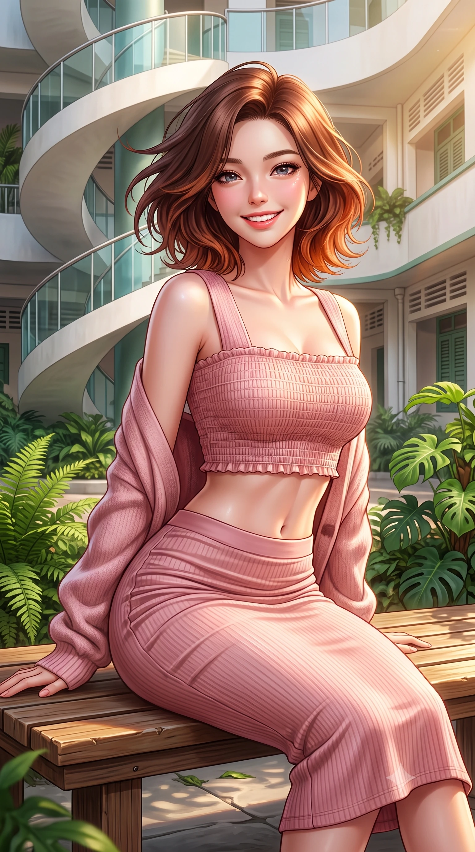 score_9, masterpiece, best quality, ultra-detailed, high-budget anime keyframe, semi-realistic 3D game render, editorial fashion photography, tasteful artistic composition, Korean woman. close-up cowboy shot from the waist and thighs up, the character dominates the composition, filling the frame with her large presence. turning playfully with a bright confident smile, her glossy hair tossing in the breeze as her hips angle gracefully in a captivating contrapposto while sitting on a low teak bench in a lush tropical courtyard beneath curved Streamline Moderne spiral staircases, arching her back with a bright, charming smile. The surrounding environment is rendered in vivid detail and crisp panoramic clarity. detailed linen outfit drape, warm sunlight glints on skin, and Tiong Bahru heritage architecture in high resolution. She has an exceptionally elegant, slender, and willowy female figure with an ultra-slim waist, flat toned midriff, narrow ribcage, and sculpted feminine hips creating an alluring, slim hourglass silhouette without bulk. sharp v-shaped jawline, high-bridge nose, intricate jewel-like sparkling eyes with depth, thick eyelashes, glossy parted lips with a natural peach sheen, bright cheerful beaming smile with an enchanting and coquettish sensual glint, exuding both youthful cute charm and seductive allure, flawlessly proportioned anatomical accuracy, strict slender model proportions, natural body alignment, perfectly sculpted long slender limbs, ultra-slim waistline, clean dynamic posture without body distortion. wearing a fitted square-neck smocked crop top paired with a curve-hugging ruched mermaid midi skirt in cherry blossom pink and soft rose gold, formed from supple second-skin stretch ribbed knit clinging to her form, complemented by an oversized soft knit cardigan slipping off one bare shoulder, the liquid-tight tailored fabric clinging flawlessly to her narrow waist and rounded feminine hips, emphasizing every millimeter of her sculpted slim hourglass curves without any bulky heaviness. bathed in warm, luminous tropical morning sunlight streaming into the secluded courtyard. highly saturated vibrant anime colors, detailed shading with soft gradients, rich glossy textures, high-contrast stereoscopic depth, volumetric dynamic lighting, master piece, 9:16 ratio