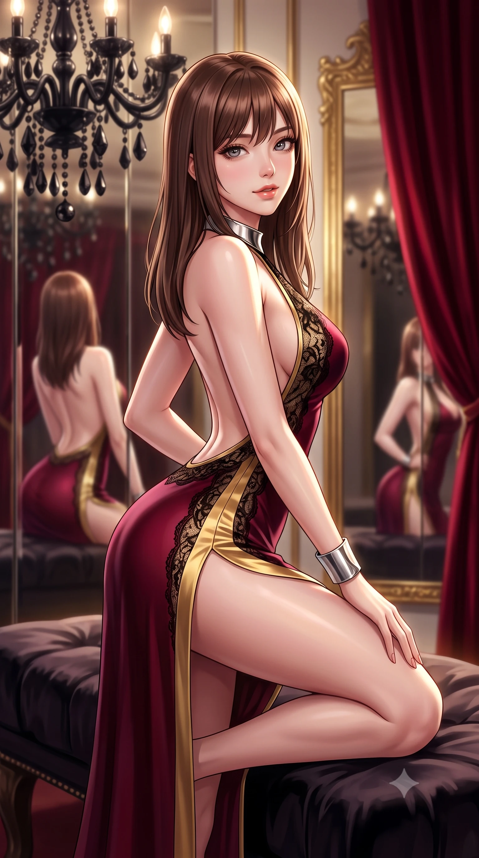 score_9, masterpiece, best quality, ultra-detailed, high-budget anime keyframe, semi-realistic 3D game render, editorial fashion photography, tasteful artistic composition, Korean woman. close-up cowboy shot from the waist and thighs up, the character dominates the composition, filling the frame with her large presence. perched sideways on the lounge seat, one knee drawn up to showcase her slender leg line while her arched back accentuates her feminine hip curve while twisting her slender torso in an alluring S-curve, mirrored walls reflecting her sculpted flat midriff, narrow waist, and curvaceous hips. The background shows a soft-focus colossal black crystal chandeliers, soaring gold-leaf mirrors, and heavy crimson velvet drapery blurred into ruby, obsidian, and champagne bokeh. She has an exceptionally elegant, slender, and willowy female figure with an ultra-slim waist, flat toned midriff, narrow ribcage, and sculpted feminine hips creating an alluring, slim hourglass silhouette without bulk. sharp v-shaped jawline, high-bridge nose, sparkling eyes with hypnotic seductive depth, thick curled eyelashes, glossy parted lips with a natural dewy peach sheen, alluring bedroom-eyes with an enchanting coquettish smile, exuding magnetic siren charisma and sophisticated glamour, flawlessly proportioned anatomical accuracy, strict slender model proportions, natural body alignment, perfectly sculpted long slender limbs, ultra-slim waistline, clean dynamic posture without body distortion. wearing a slinky backless halterneck column mini dress clinging like a second skin with deep geometric side slits in smoldering bordeaux wine and liquid gold with black chantilly lace, crafted from smooth liquid-tight stretch jersey emphasizing every curve of her body, finished with a sculptural silver torque collar and a matching wide architectural wrist cuff, the precision-cut side openings and low-back scoop framing her graceful spine and the sensual sweep of her slim, toned hips. illuminated by parquet floor reflection fill and sharp golden rim lights defining her razor-sharp jawline, narrow waist, and curvy hips. highly saturated vibrant anime colors, detailed shading with soft gradients, rich glossy textures, high-contrast stereoscopic depth, volumetric dynamic lighting, master piece, 9:16 ratio