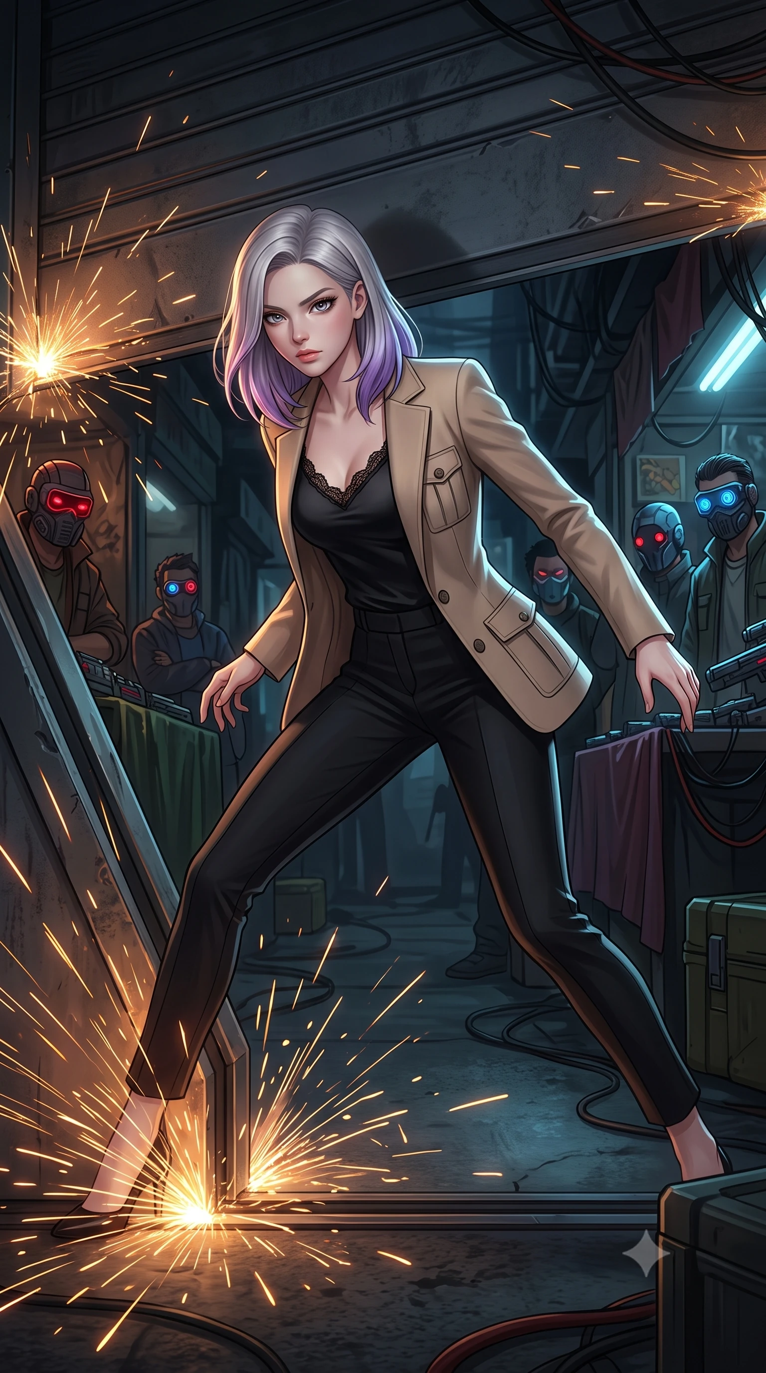 score_9, masterpiece, best quality, ultra-detailed, high-budget anime keyframe, editorial fashion photography, tasteful artistic composition, Caucasian woman, strictly human ears. low angle full-body shot from head to toe showing her feet, filling the entire 9:16 vertical frame with her statuesque presence, stretching her vertical silhouette. sliding underneath a closing blast door in a sleek combat stance with sparks flying around her inside a dark alley bazaar selling hacked military chips and laser weapons, traders wearing glowing optical masks in the shadows. She has a statuesque 8.5-heads proportion, an exceptionally tall, slender and willowy model-like build with impossibly long legs and a highly sculpted ultra-slim waist. sharp v-shaped jawline, high-bridge nose, intricate jewel-like eyes with depth, thick eyelashes, glossy lips with a natural sheen. wearing tailored for maximum mobility, sleek form-contouring panels that allow fluid movement, a tailored black fine lace-trimmed satin camisole layered under a structured beige blazer, paired with tailored pencil pants. highly saturated vibrant anime colors, intense vivid color palette, soft 3D volumetric shading, volumetric dynamic lighting, soft glowing ambient light with sharp side key light tracing the sleek contours of her figure. 2k, ultra detail, master piece, 9:16 ratio