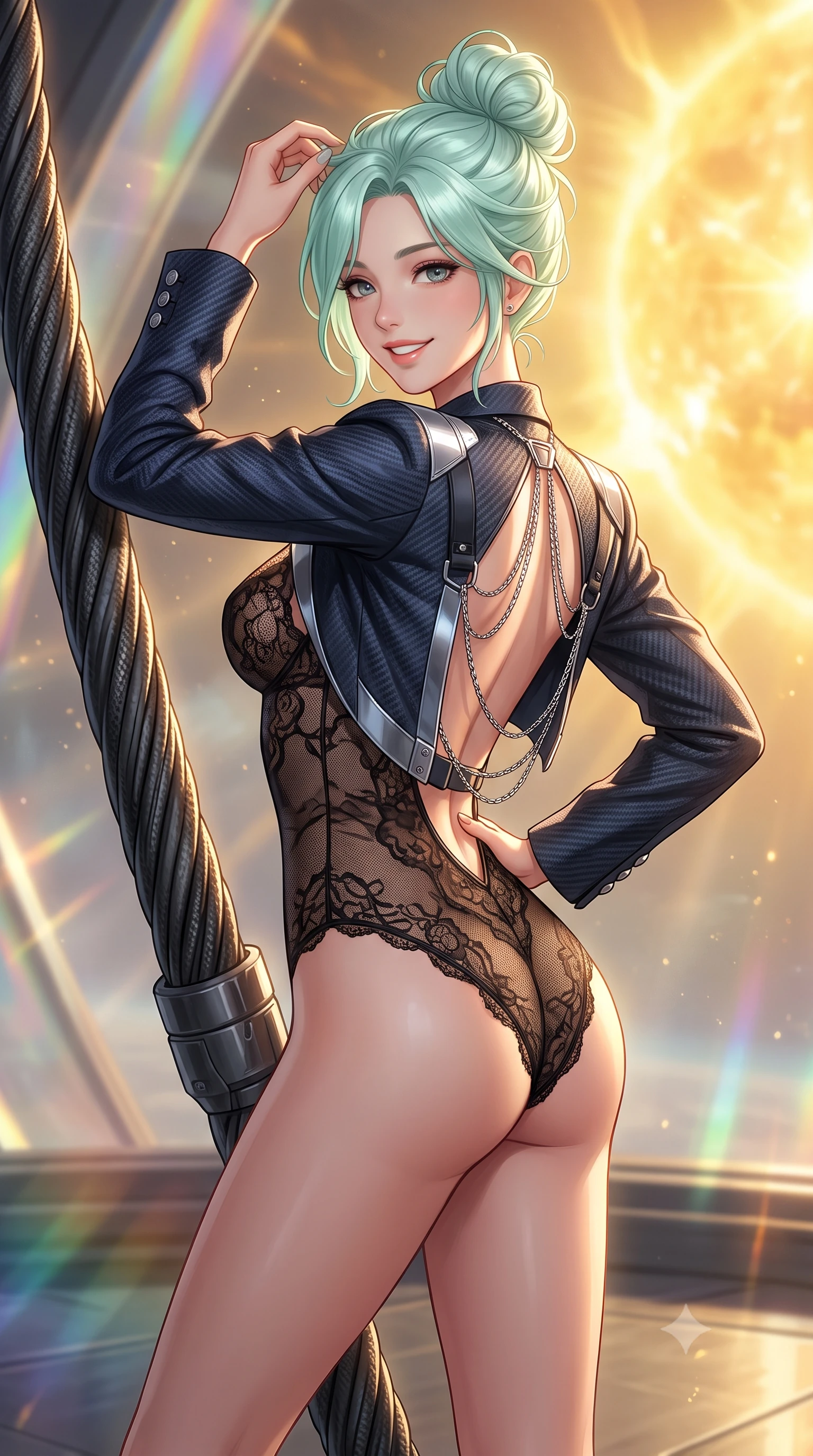 score_9, masterpiece, best quality, ultra-detailed, high-budget anime keyframe, semi-realistic 3D game render, editorial fashion photography, tasteful artistic composition, Japanese woman. close-up cowboy shot from the waist and thighs up, the character dominates the composition, filling the frame with her large presence. twisting her slender torso in an alluring contrapposto stance, one hand resting on her sculpted hip while her fingers toy with her hair with effortless poise while leaning against the zero-gravity carbon tether with hips cocked back, watching the blazing golden solar corona flare through polarizing solar sails with smoldering bedroom-eyes. The background shows a soft-focus faint solar wind ionization haze softened in celestial flagship sail deck shallow focus. She has an exceptionally elegant, slender, and willowy female figure with an ultra-slim waist, flat toned midriff, narrow ribcage, and sculpted feminine hips creating an alluring, slim hourglass silhouette without bulk. sharp v-shaped jawline, high-bridge nose, intricate jewel-like sparkling eyes with depth, thick eyelashes, glossy parted lips with a natural peach sheen, bright cheerful beaming smile with an enchanting and coquettish sensual glint, exuding both youthful cute charm and seductive allure, flawlessly proportioned anatomical accuracy, strict slender model proportions, natural body alignment, perfectly sculpted long slender limbs, ultra-slim waistline, clean dynamic posture without body distortion. wearing a delicate sheer French Chantilly lace teddy layered under an open tailored tactical combat blazer draped over bare shoulders in tactical carbon navy and polished chrome, woven from structured carbon-fiber jacquard with rich textural depth, accented with an open-back drape framed by falling strands of delicate chrome chains, the bespoke structured tailoring following the natural line of her 8.5-heads silhouette with refined elegance. bathed in blinding warm golden solar radiance filtered through prismatic iridescent nano-films. highly saturated vibrant anime colors, detailed shading with soft gradients, rich glossy textures, high-contrast stereoscopic depth, volumetric dynamic lighting, master piece, 9:16 ratio