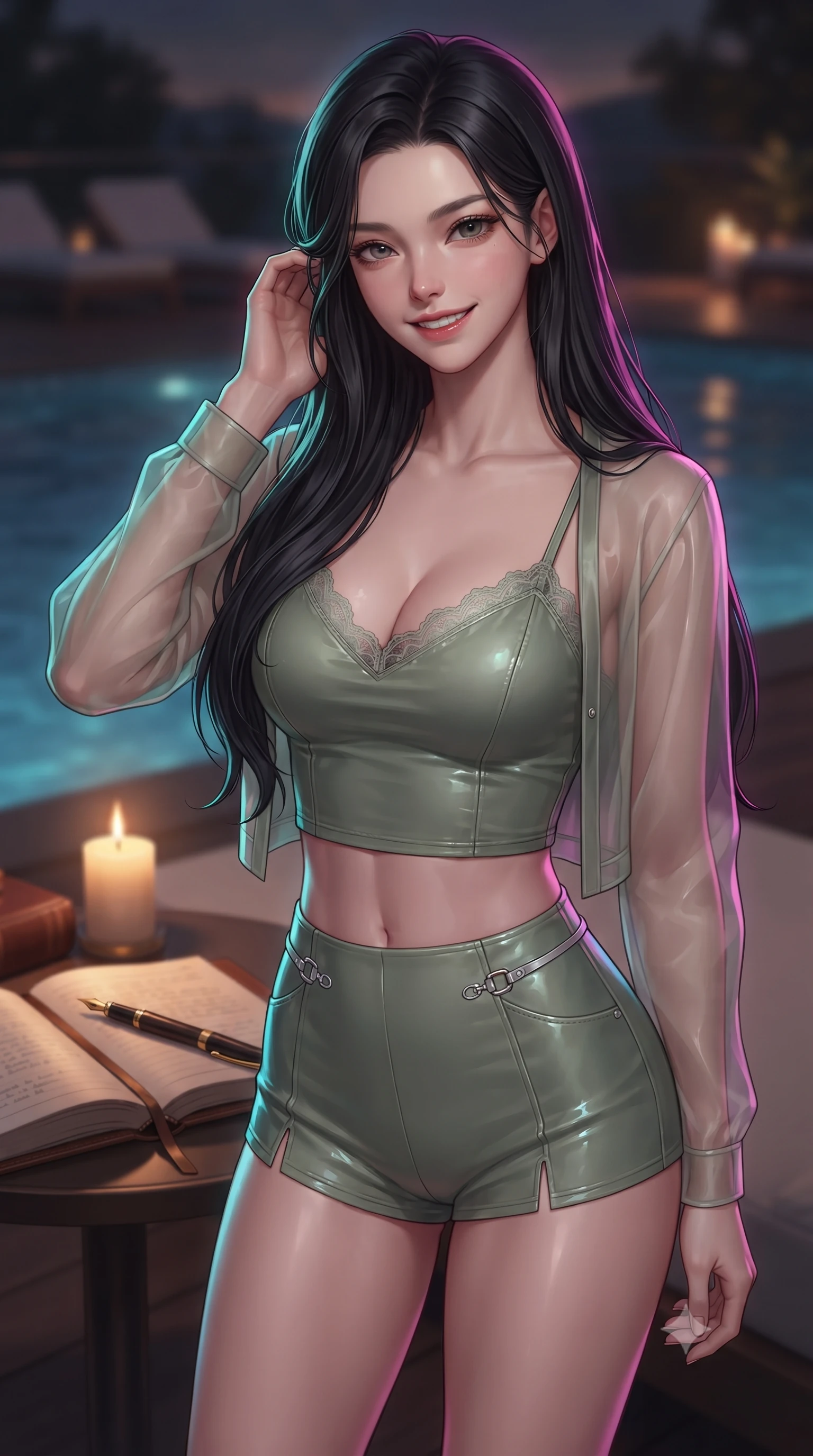 score_9, masterpiece, best quality, ultra-detailed, high-budget anime keyframe, editorial fashion photography, tasteful artistic composition, Korean woman. close-up cowboy shot from the waist and thighs up, the character dominates the composition, filling the frame with her large presence, background elements kept in soft focus. flashing a warm, intoxicating grin while gently tucking a strand of hair behind her ear set against a soft-focus background of inside an exclusive infinity pool deck with an open leather journal and a gold fountain pen sitting next to a candle. She has an exceptionally elegant, slender, and willowy female figure with an ultra-slim waist, a gracefully sculpted slender torso, and a refined silhouette. sharp v-shaped jawline, high-bridge nose, intricate jewel-like eyes with depth, thick eyelashes, glossy lips with a natural sheen. wearing slim-fit sage green glossy leather delicate lace-trim crop top worn under a sheer organza cardigan with high-waist micro-shorts accented with delicate silver hardware. drenched in dramatic neon rim-lighting that traces the sleek contours of her figure. ultra-reflective glossy finish, specular highlights, metallic sheen, high-contrast stereoscopic depth, volumetric dynamic lighting, 2k, ultra detail, master piece, 9:16 ratio