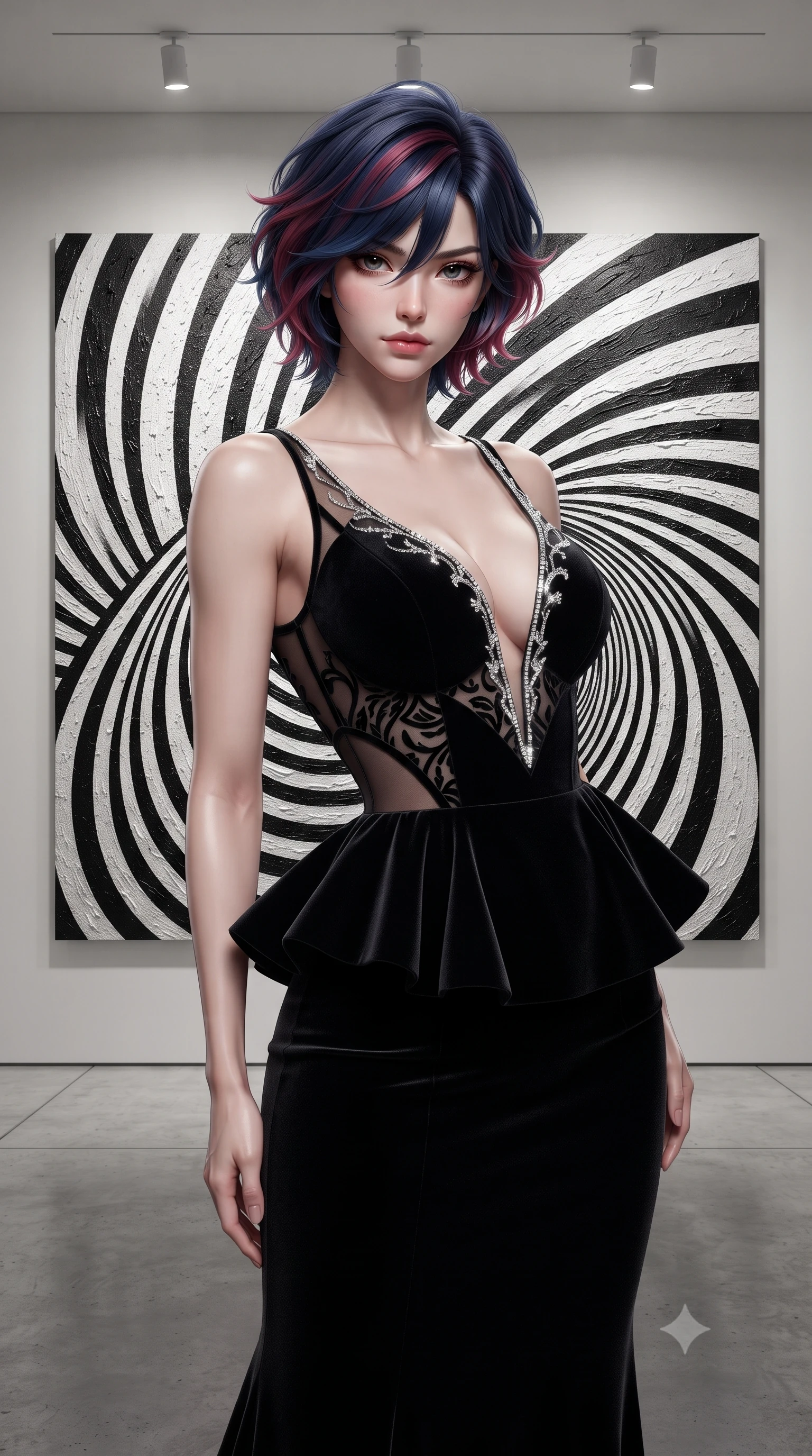 score_9, masterpiece, best quality, ultra-detailed, high-budget anime keyframe, editorial fashion photography, tasteful artistic composition, Korean woman. close-up cowboy shot from the waist and thighs up, the character dominates the composition, filling the frame with her large presence. leaning back with relaxed seductive grace, her sculpted collarbones and narrow waist highlighted as she casts smoldering bedroom-eyes directly into the camera while posing before a monumental black-and-white op-art painting, twisting her slender torso in a sharp contrapposto stance to mirror the geometric optical curves. The surrounding environment is rendered in vivid detail and crisp panoramic clarity. sharp canvas texture weave, polished chrome sculpture surfaces, and concrete gallery floor seams in deep focus. She has an exceptionally elegant, slender, and willowy female figure with an ultra-slim waist, flat toned midriff, narrow ribcage, and sculpted feminine hips creating an alluring, slim hourglass silhouette without bulk. sharp v-shaped jawline, high-bridge nose, intricate jewel-like eyes with depth, thick eyelashes, glossy parted lips with a natural sheen, intensely captivating and seductive bedroom-eyes expression, flawlessly proportioned anatomical accuracy, strict slender model proportions, natural body alignment, perfectly sculpted long slender limbs, ultra-slim waistline, clean dynamic posture without body distortion. wearing a structural geometric peplum gown with sheer side-ribbon cutouts and form-fitting skirt in pitch-black velvet with diamond crystal trim, made of sheer contouring power-mesh with velvet flocking patterns, finished with delicate crystal frost embroidery tracing the plunging neckline, the liquid-tight tailored fabric clinging flawlessly to her narrow waist and rounded feminine hips, emphasizing every millimeter of her sculpted slim hourglass curves without any bulky heaviness. bathed in precise museum directional spotlights from above and soft floor-level ambient fill. ultra-reflective glossy finish, specular highlights, rich textural contrasts, high-contrast stereoscopic depth, volumetric dynamic lighting, 2k, ultra detail, master piece, 9:16 ratio