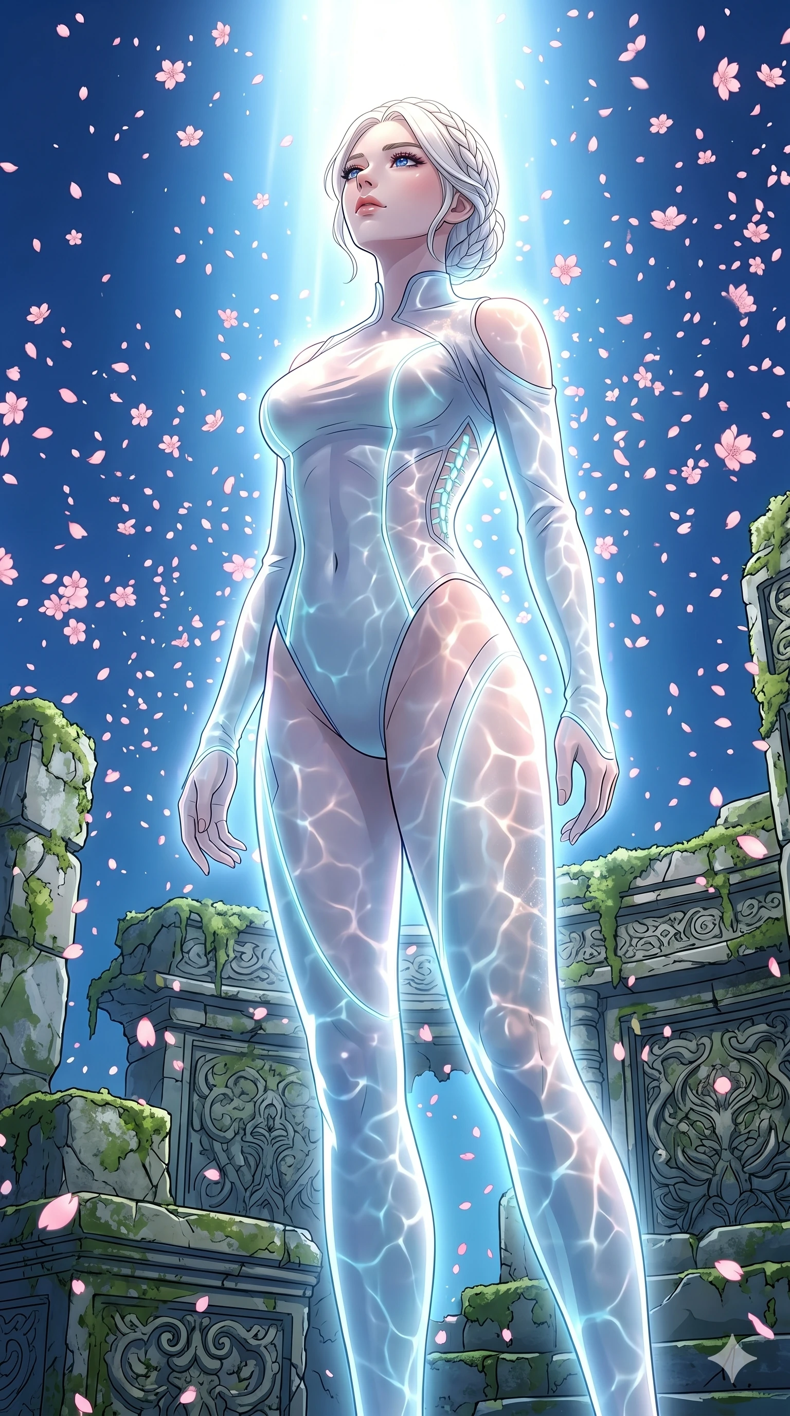 score_9, masterpiece, best quality, ultra-detailed, High-budget Anime Keyframe, vibrant colors, fluid line-art, expressive lighting, cinematic composition, Ufotable-style visual effects, top-tier animation quality, Korean woman with idol-like refined features. Low angle cowboy shot filling the entire 9:16 frame with her statuesque presence, looking up to emphasize her height. Transcending her physical form in a sudden flash of divine light, her silhouette becoming a being of pure energy. She has an well-proportioned figure, an tall and elegant figure with elegant legs and an graceful posture, her statuesque height and towering silhouette dominating the vertical 9:16 frame. Her face is a masterpiece featuring a sharp v-shaped jawline, high-bridge nose, intricate jewel-like eyes with depth, thick eyelashes, and glossy lips with a natural sheen. She is wearing a Asymmetrical tech-suit with detached sleeves and glowing fiber-optic seams crafted from Bioluminescent silk that emits a soft, ethereal glow from within the fabric, boasting shoulder cut-outs and a glowing spinal interface visible through the back. The scene is set in an ancient floating island with pink cherry blossoms falling like snow against a blue sky, illuminated by underwater caustic lighting with ripples of light dancing across her body. 2k, ultra detail, master piece, 9:16 ratio