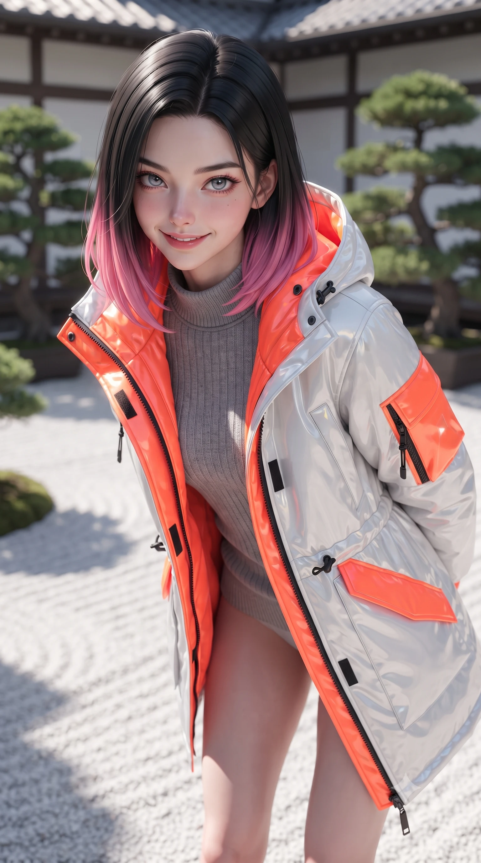 score_9, masterpiece, best quality, ultra-detailed, high-budget anime keyframe, editorial fashion photography, tasteful artistic composition, Korean woman woman. close-up cowboy shot from the waist and thighs up, the character dominates the composition, filling the frame with her large presence, background elements kept in soft focus. leaning slightly forward with a playful, teasing smile, her gaze locked onto the viewer the background shows a soft-focus a white raked gravel courtyard with structured green bonsai trees in a quiet villa yard. She has an exceptionally elegant, slender, and willowy female figure with an ultra-slim waist, a gracefully sculpted slender torso, and a refined silhouette. sharp v-shaped jawline, high-bridge nose, intricate jewel-like eyes with depth, thick eyelashes, glossy lips with a natural sheen. wearing a slim-fit heavy polar-station parka in white and neon orange tech-fabric, over a grey utility sweater. crisp morning sunlight casting sharp, clean shadows across the gravel. ultra-reflective glossy finish, specular highlights, metallic sheen, high-contrast stereoscopic depth, volumetric dynamic lighting, 2k, ultra detail, master piece, 9:16 ratio