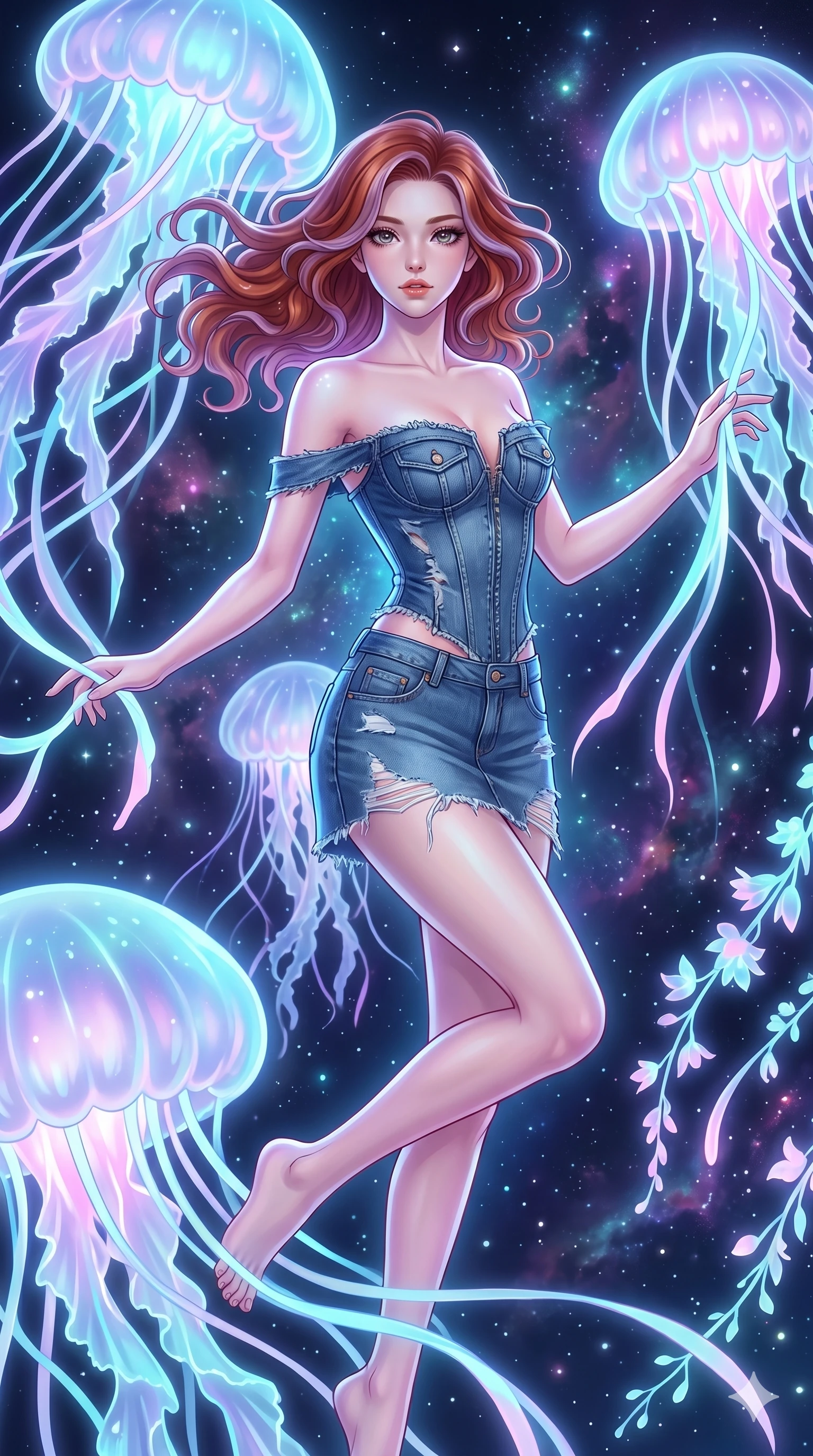 score_9, masterpiece, best quality, ultra-detailed, high-budget anime keyframe, Caucasian woman, strictly human ears. upper body close-up from the thighs up, character filling the screen for maximum presence. swirling gracefully among the glowing ribbon-like tentacles of giant bioluminescent jellyfish floating in a starry sky garden. She has an absolutely perfect 8-heads proportion, an exceptionally tall and slender female figure with impossibly long slender legs and an ultra-slim waist. V-shaped jawline, high-bridge nose, intricate jewel-like eyes with depth, thick eyelashes, glossy lips with a natural sheen.. wearing a deconstructed denim corset and an asymmetric ripped denim micro-skirt, showcasing a rugged yet chic off-shoulder style. enhanced by a luminous pastel spectrum glow, casting elegant rim lights on her shoulders and jawline. 2k, ultra detail, master piece, 9:16 ratio