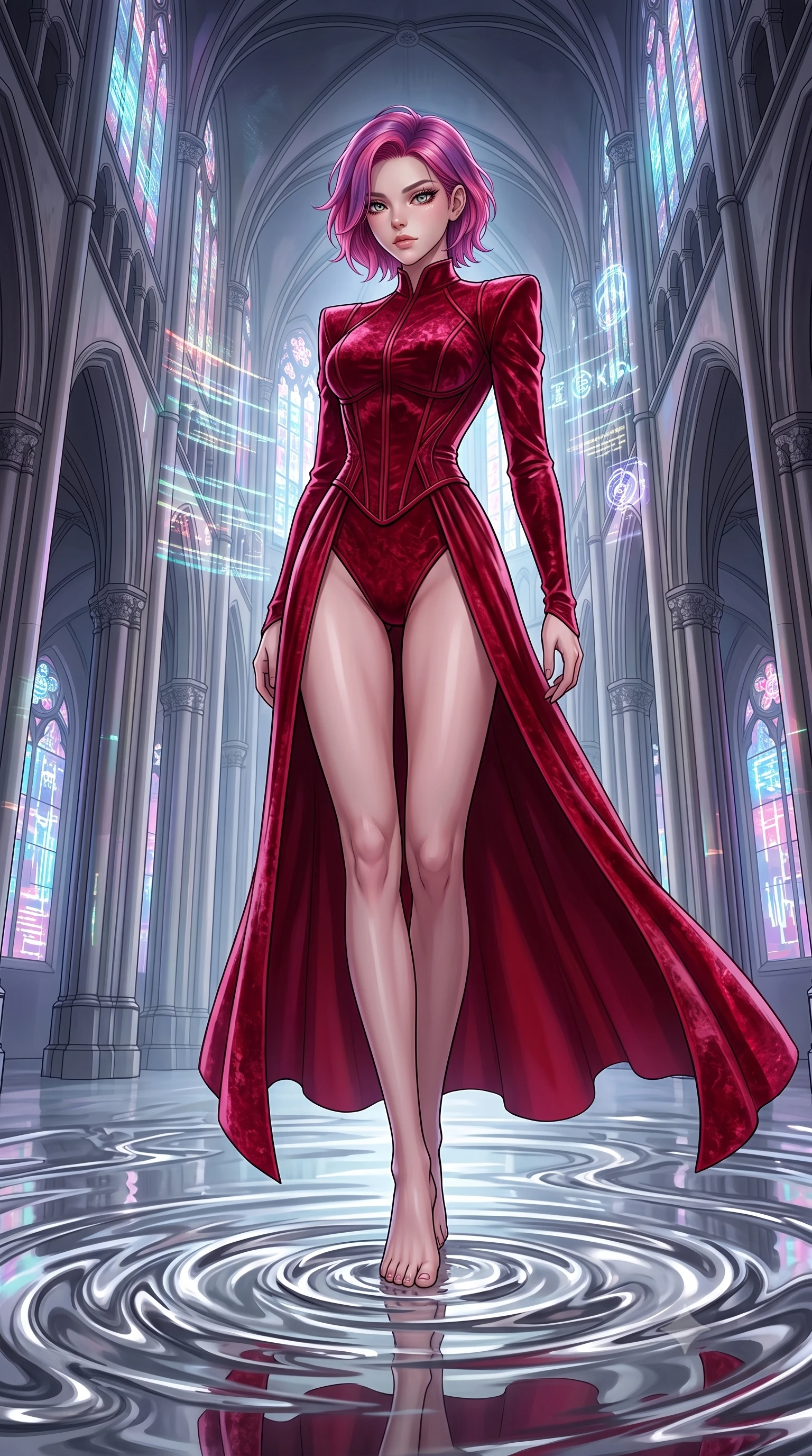 score_9, masterpiece, best quality, ultra-detailed, High-budget Anime Keyframe, Caucasian woman, strictly human ears. Low angle cowboy shot filling the entire 9:16 frame with her statuesque presence. Scenario 425: gazing at her reflection in a pool of liquid silver in a futuristic cathedral with holographic stained-glass windows. Her presence is magnetic and overpowering in this high-budget anime scene. Outfit 425: a tailored crimson red crushed velvet bodysuit featuring a high-slit skirt and structured shoulders. The clothing is designed to emphasize her exceptionally tall and slender 8-heads proportion. 8-heads proportion, towering silhouette, ultra-slim waist. sharp v-shaped jawline, intricate jewel-like eyes with depth, thick eyelashes, glossy lips. 2k, ultra detail, master piece, 9:16 ratio