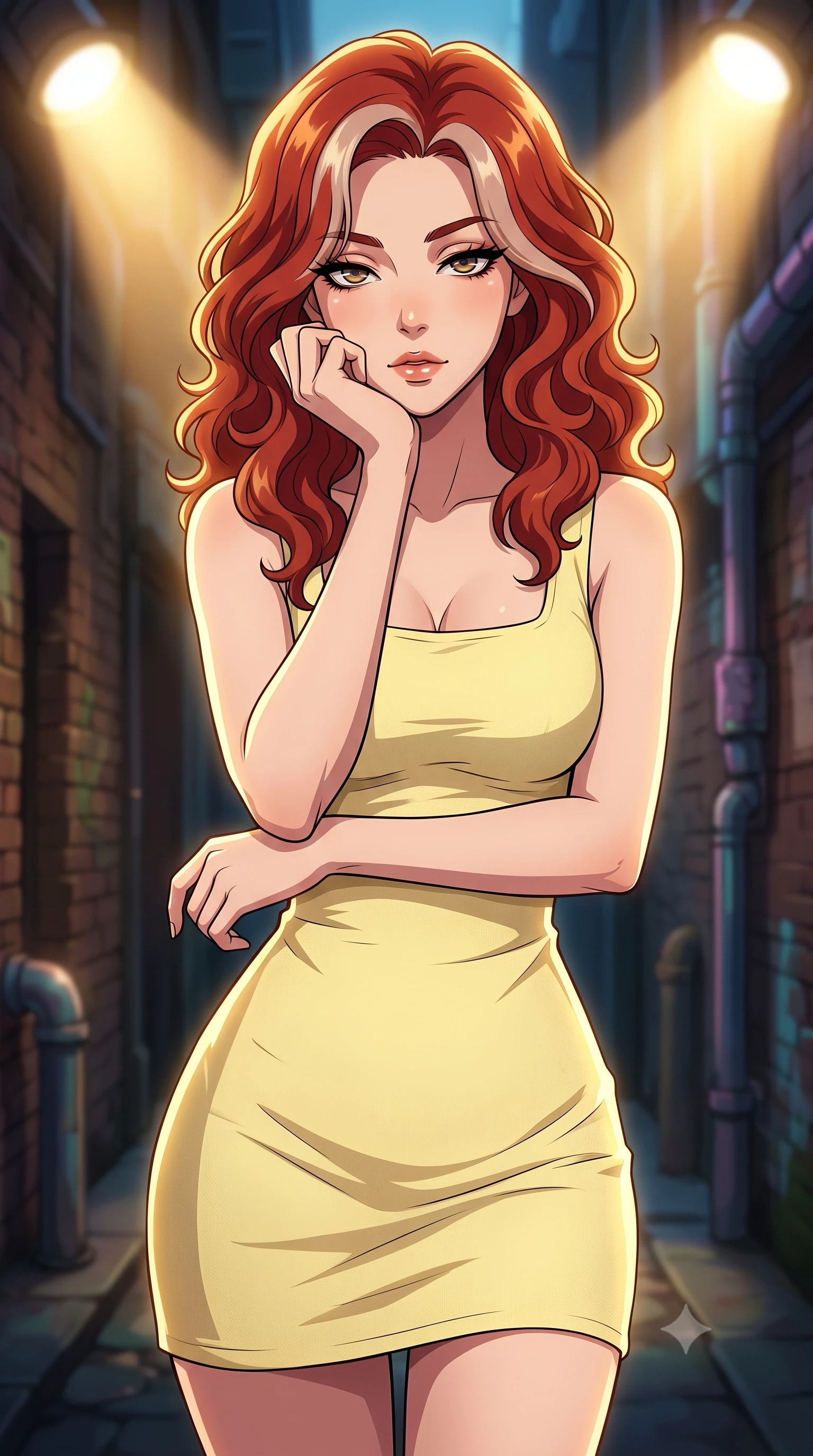 score_9, masterpiece, best quality, ultra-detailed, high-budget anime keyframe, tasteful artistic composition, Caucasian woman. close-up cowboy shot from the waist and thighs up, the character dominates the composition, filling the frame with her large presence, background elements kept in soft focus. resting her chin on the backs of her fingers, casting a heavy-lidded, sultry look past the camera the background shows a soft-focus a secluded alleyway behind a glowing cybernetic theatre facade. She has an exceptionally elegant, slender, and willowy female figure with an ultra-slim waist, a gracefully sculpted slender torso, and a refined silhouette. sharp v-shaped jawline, high-bridge nose, intricate jewel-like eyes with depth, thick eyelashes, glossy lips with a natural sheen. wearing a form-contouring casual summer sundress in pale yellow cotton with a simple square neckline. dramatic theater spotlights casting a bright warm key light on her silhouette. highly saturated vibrant anime colors, cel-shading, 2d style, master piece, 9:16 ratio