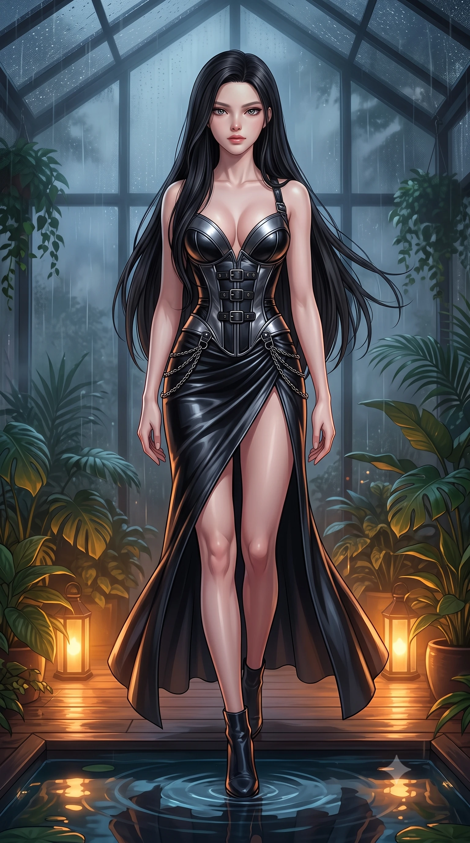 score_9, masterpiece, best quality, ultra-detailed, high-budget anime keyframe, editorial fashion photography, tasteful artistic composition, Korean woman. low angle full-body shot from head to toe showing her feet, filling the entire 9:16 vertical frame with her statuesque presence, stretching her vertical silhouette. navigating the private sanctuary with an effortless, graceful stride, walking through a glass conservatory shrouded in thick midnight rain fog, cozy yet intensely alluring nocturnal greenhouse atmosphere. She has an absolutely perfect, statuesque 8.5-heads proportion, an exceptionally tall and slender model-like female figure with impossibly long slender legs and an ultra-slim waist. sharp v-shaped jawline, high-bridge nose, intricate jewel-like eyes with depth, thick eyelashes, glossy lips with a natural sheen. wearing low-cut gothic structured bodice gown with high leg slit in metallic dark silver, made of polished black leather, framed by dark titanium buckles and silver chain details, sculpting her athletic slender build with refined precision. illuminated by warm amber floor lights filtering through tropical greenery. highly saturated vibrant anime colors, detailed shading with soft gradients, rich glossy textures, high-contrast stereoscopic depth, volumetric dynamic lighting, master piece, 9:16 ratio