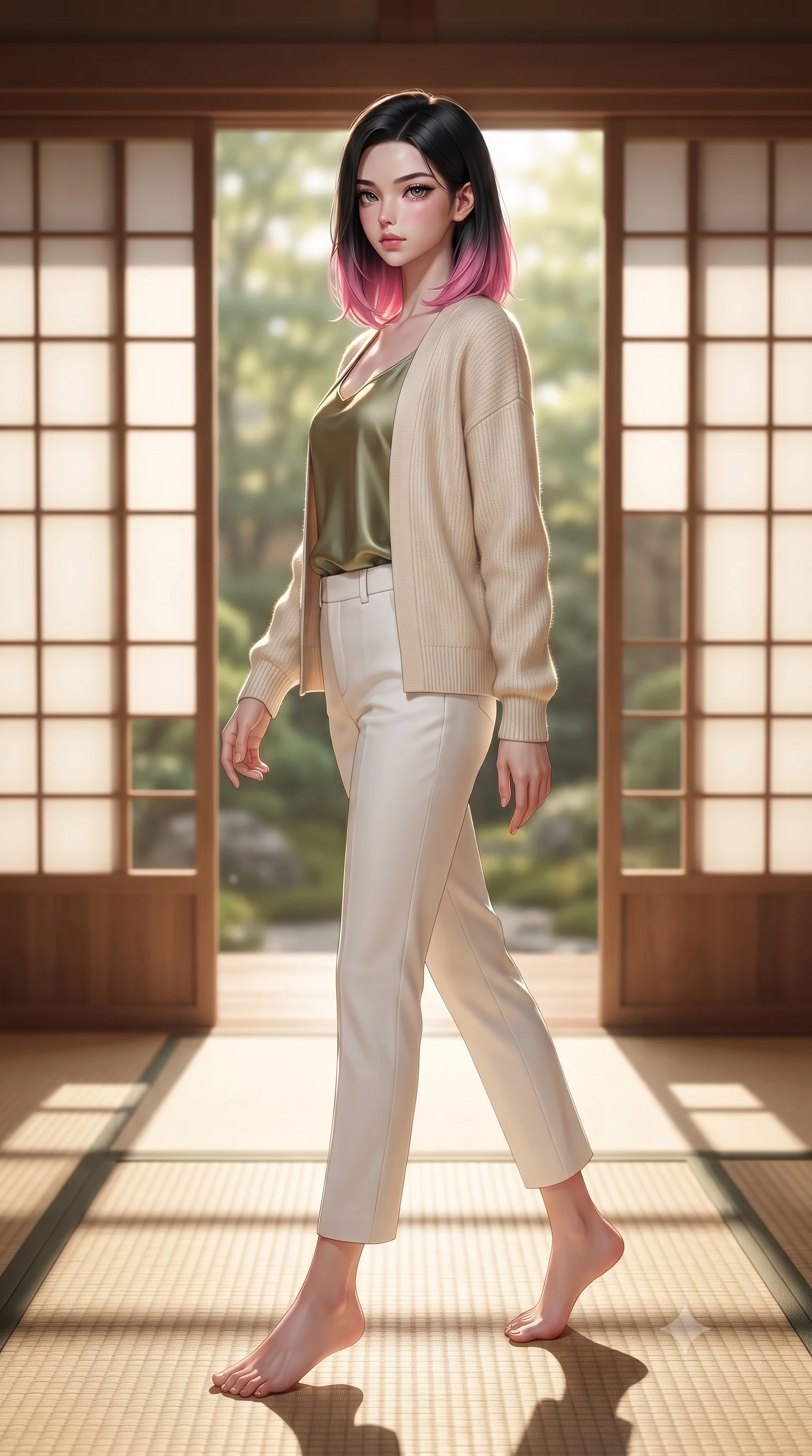 score_9, masterpiece, best quality, ultra-detailed, high-budget anime keyframe, editorial fashion photography, tasteful artistic composition, Korean woman woman. low angle full-body shot from head to toe showing her feet, filling the entire 9:16 vertical frame with her statuesque presence, stretching her vertical silhouette. stepping gracefully while looking back over her shoulder, her dress draped tightly to reveal her silhouette the background shows a soft-focus a private cypress wood bath (hinoki) facing a small moss garden through sliding doors. She has an absolutely perfect, statuesque 8.5-heads proportion, an exceptionally tall and slender model-like female figure with impossibly long slender legs and an ultra-slim waist. sharp v-shaped jawline, high-bridge nose, intricate jewel-like eyes with depth, thick eyelashes, glossy lips with a natural sheen. wearing a slim-fit cozy cream cardigan worn over an olive green silk camisole and tailored white trousers. soft late afternoon sunrays casting long wooden grid shadows on the tatami. ultra-reflective glossy finish, specular highlights, metallic sheen, high-contrast stereoscopic depth, volumetric dynamic lighting, 2k, ultra detail, master piece, 9:16 ratio