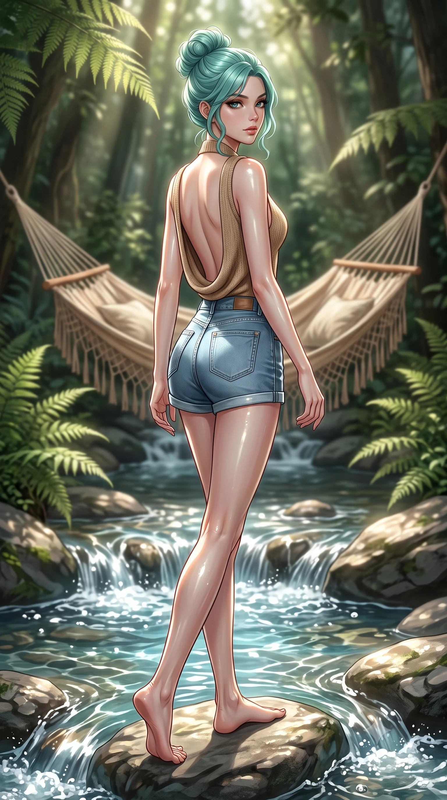 score_9, masterpiece, best quality, ultra-detailed, high-budget anime keyframe, editorial fashion photography, tasteful artistic composition, Japanese woman. low angle full-body shot from head to toe showing her feet, filling the entire 9:16 vertical frame with her statuesque presence, stretching her vertical silhouette. stepping gracefully while looking back over her shoulder, her dress draped tightly to reveal her silhouette the background shows a soft-focus a cozy hammock lounge surrounded by tall ferns and a bubbling forest stream. She has an absolutely perfect, statuesque 8.5-heads proportion, an exceptionally tall and slender model-like female figure with impossibly long slender legs and an ultra-slim waist. sharp v-shaped jawline, high-bridge nose, intricate jewel-like eyes with depth, thick eyelashes, glossy lips with a natural sheen. wearing a slim-fit backless knit top in beige wool, paired with high-waisted denim shorts. dappled sunbeams reflecting off the moving water surface onto her form. ultra-reflective glossy finish, specular highlights, metallic sheen, high-contrast stereoscopic depth, volumetric dynamic lighting, 2k, ultra detail, master piece, 9:16 ratio