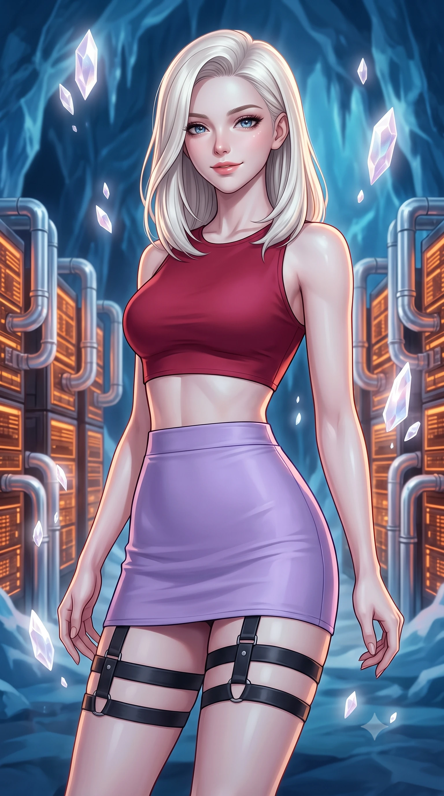 score_9, masterpiece, best quality, ultra-detailed, high-budget anime keyframe, editorial fashion photography, tasteful artistic composition, Caucasian woman, strictly human ears. close-up cowboy shot from the waist and thighs up, the character dominates the composition, filling the frame with her large presence, background elements kept in soft focus. Casting a soft, warm, affectionate smile with glowing eyes. set against a soft-focus background of inside a cavern made of deep blue glacial ice housing glowing orange computer servers cooled by complex silver piping systems. She has an exceptionally elegant, slender, and willowy female figure with a highly-defined ultra-slim waist, a gracefully sculpted slender torso, and a refined slim-fit silhouette that contours her form. sharp v-shaped jawline, high-bridge nose, intricate jewel-like eyes with depth, thick eyelashes, glossy lips with a natural sheen. wearing a matte crimson crop top paired with matching high-waist lavender mini skirt and black thigh straps. ethereal pearlescent light emanating from floating crystalline formations all around. 2k, ultra detail, master piece, 9:16 ratio