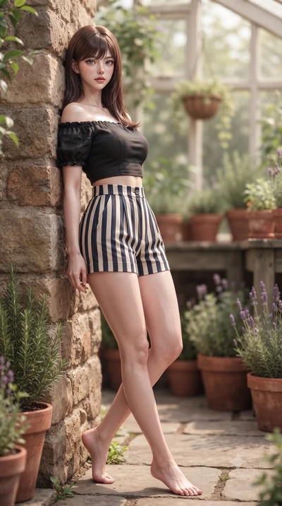 score_9, masterpiece, best quality, ultra-detailed, high-budget anime keyframe, editorial fashion photography, tasteful artistic composition, Korean woman woman. low angle full-body shot from head to toe showing her feet, filling the entire 9:16 vert