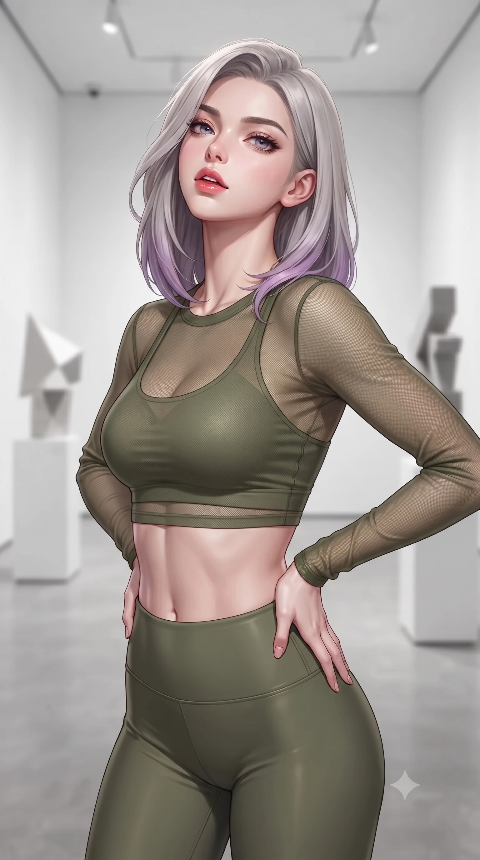 score_9, masterpiece, best quality, ultra-detailed, high-budget anime keyframe, editorial fashion photography, tasteful artistic composition, Caucasian woman. close-up cowboy shot from the waist and thighs up, the character dominates the composition, filling the frame with her large presence, background elements kept in soft focus. tilting her chin up slightly with lips parted in a composed, provocative expression the background shows a soft-focus a modern art gallery hall with stark white walls and minimalist abstract sculptures. She has an exceptionally elegant, slender, and willowy female figure with an ultra-slim waist, a gracefully sculpted slender torso, and a refined silhouette. sharp v-shaped jawline, high-bridge nose, intricate jewel-like eyes with depth, thick eyelashes, glossy lips with a natural sheen. wearing a form-contouring sheer mesh long-sleeve crop top in olive green, worn over a matching sports bra and leggings. focused museum spotlights casting clean, structured lighting over her figure. highly saturated vibrant anime colors, detailed shading with soft gradients, rich glossy textures, high-contrast stereoscopic depth, volumetric dynamic lighting, master piece, 9:16 ratio