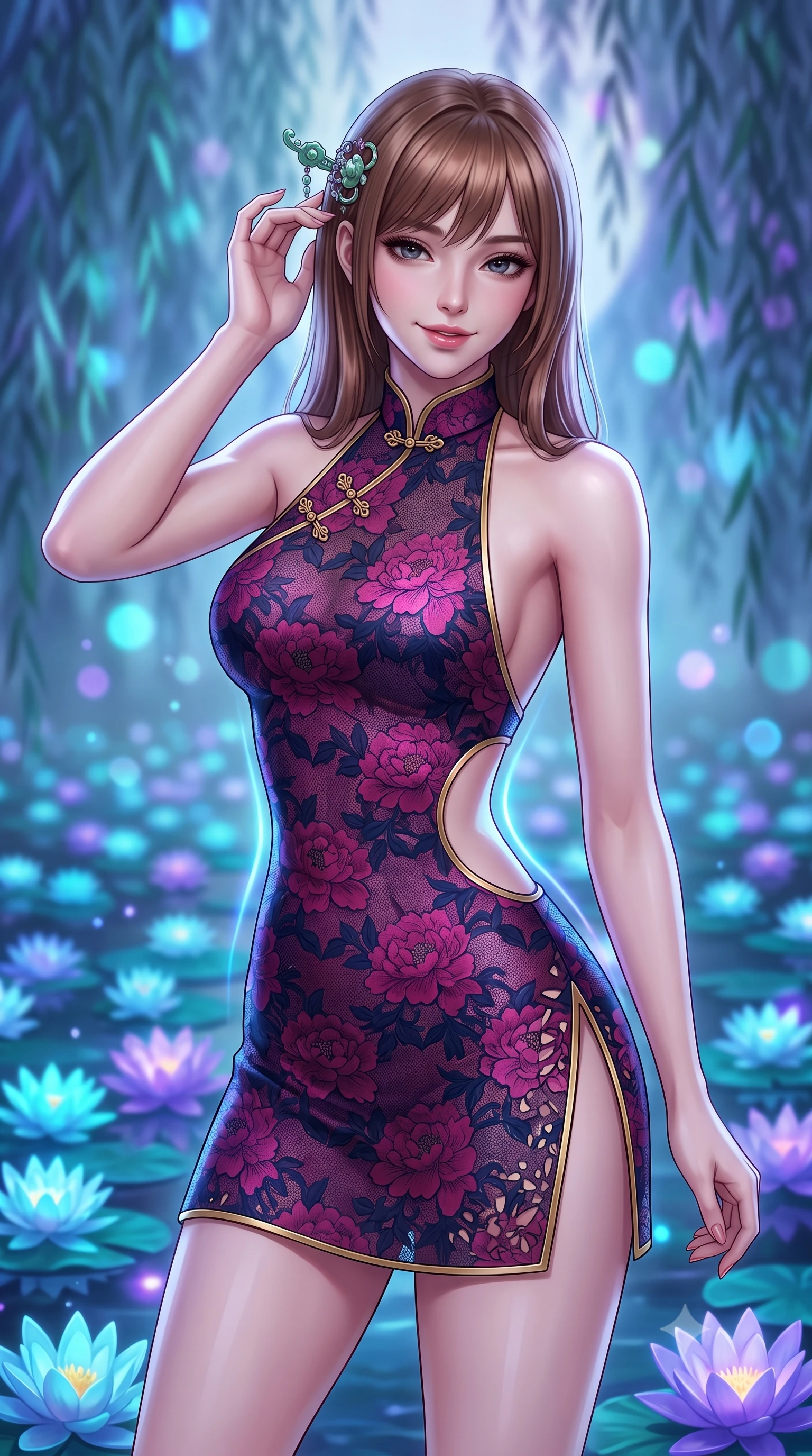 score_9, masterpiece, best quality, ultra-detailed, high-budget anime keyframe, semi-realistic 3D game render, editorial fashion photography, tasteful artistic composition, Korean woman. close-up cowboy shot from the waist and thighs up, the character dominates the composition, filling the frame with her large presence. tilting her head with an alluring smile while arching her spine with dancer poise, one hand touching her ornate jade hairpin in a flirtatious S-curve while twisting her slender torso in an alluring contrapposto stance, bioluminescent cyan and violet ripples tracing her narrow waist and curvy hips. The background shows a soft-focus hundreds of pulsating cyan and ultraviolet floating water lilies and misty weeping willows blurred into sapphire, turquoise, and amethyst bokeh. She has an exceptionally elegant, slender, and willowy female figure with an ultra-slim waist, flat toned midriff, narrow ribcage, and sculpted feminine hips creating an alluring, slim hourglass silhouette without bulk. sharp v-shaped jawline, high-bridge nose, intricate jewel-like dark sparkling almond eyes with depth, thick lashes, glossy parted lips with a natural rose-plum sheen, bright alluring and coquettish smile with bedroom-eyes, exuding both timeless oriental elegance and sovereign high-fashion allure, flawlessly proportioned anatomical accuracy, strict slender model proportions, natural body alignment, perfectly sculpted long slender limbs, ultra-slim waistline, clean dynamic posture without body distortion. wearing a backless halter qipao mini dress with delicate frog-button closures and side waist cutouts framing her hourglass curves in deep lotus magenta and matte midnight navy, woven from delicate semi-opaque floral lace with oriental peony patterns, finished with sharp laser-cut side hip slits framed by gold piping, the high-waisted wrap tailoring accentuating her ultra-slim waistline and the enchanting curve of her feminine hips with alluring oriental charm. illuminated by soft moonlight and sharp platinum rim lights defining her sculpted collarbones, ultra-slim waist, and curvy hips. highly saturated vibrant anime colors, detailed shading with soft gradients, rich glossy textures, high-contrast stereoscopic depth, volumetric dynamic lighting, master piece, 9:16 ratio