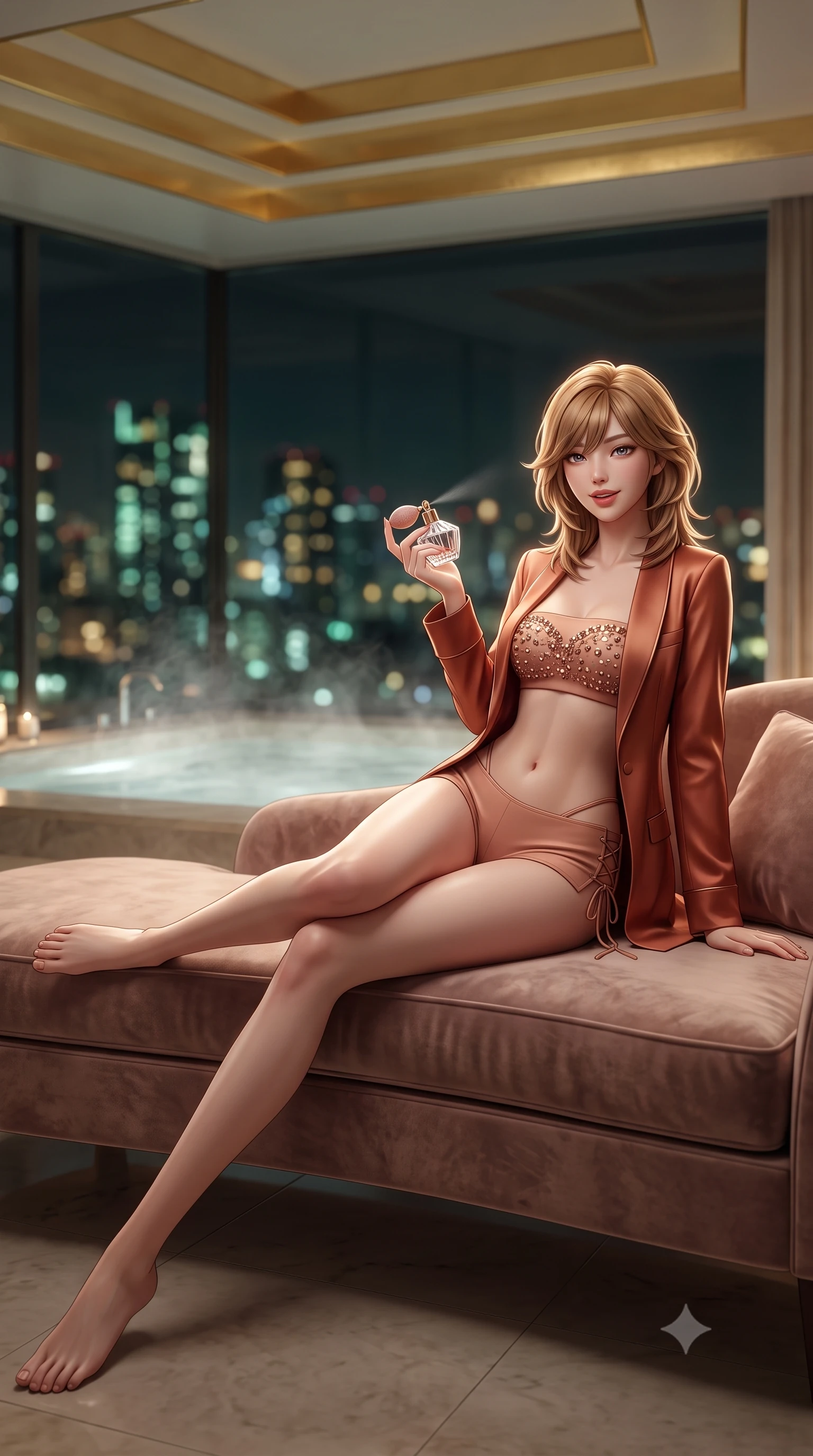 score_9, masterpiece, best quality, ultra-detailed, high-budget anime keyframe, semi-realistic 3D game render, editorial fashion photography, tasteful artistic composition, Korean woman. low angle full-body shot from head to toe showing her feet, filling the entire 9:16 vertical frame with her statuesque presence, stretching her vertical silhouette. reclining gracefully across the plush chaise lounge with one leg extended, her sculpted silhouette and flat midriff radiating magnetic nocturnal glamour while sitting perched on the wide stepped onyx platform with legs crossed, holding a crystal perfume atomizer with an enchanting, parted-lip smile. The background shows a soft-focus steaming water surface in sunken bath, stepped gold-leaf ceiling cornices, and glittering city skyline outside blurred into jade, honey, and charcoal bokeh. She has an absolutely perfect, statuesque 8.5-heads proportion, an exceptionally tall and slender model-like female figure with impossibly long slender legs, an ultra-slim waist, a flat toned midriff, narrow delicate ribcage, and beautifully sculpted feminine hips creating a graceful, slim hourglass silhouette without any bulky heaviness. sharp v-shaped jawline, high-bridge nose, sparkling eyes with hypnotic seductive depth, thick curled eyelashes, glossy parted lips with a natural dewy peach sheen, alluring bedroom-eyes with an enchanting coquettish smile, exuding magnetic siren charisma and sophisticated glamour, flawlessly proportioned anatomical accuracy, strict slender model proportions, natural body alignment, perfectly sculpted long slender limbs, ultra-slim waistline, clean dynamic posture without body distortion. wearing a tailored open-front satin smoking jacket worn over a jewel-embellished bandeau and micro-shorts in Atlas terracotta and desert rose gold, tailored from fine structural neoprene with crisp architectural edges and smooth contouring, featuring fine criss-cross lace-up side ties revealing tantalizing glimpses of her hip curve, the precision-cut side openings and low-back scoop framing her graceful spine and the sensual sweep of her slim, toned hips. illuminated by polished stone reflection fill and sharp champagne-gold rim lights sculpting her jawline, narrow waist, and curvy hips. highly saturated vibrant anime colors, detailed shading with soft gradients, rich glossy textures, high-contrast stereoscopic depth, volumetric dynamic lighting, master piece, 9:16 ratio