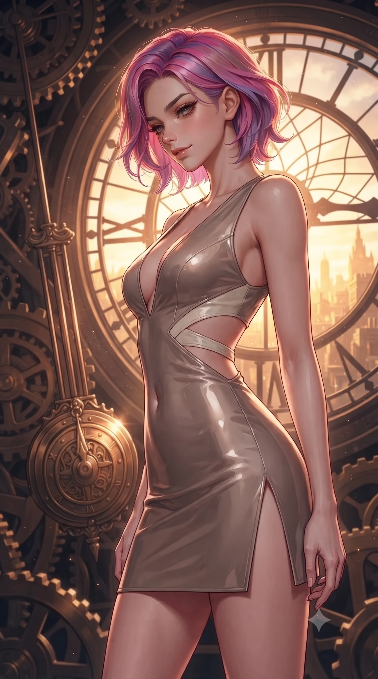 score_9, masterpiece, best quality, ultra-detailed, high-budget anime keyframe, editorial fashion photography, tasteful artistic composition, Caucasian woman. close-up cowboy shot from the waist and thighs up, the character dominates the composition, filling the frame with her large presence, background elements kept in soft focus. Glancing sidelong over her shoulder with a smoldering half-smile and heavy lashes poised on a massive mechanical clock pendulum swinging over a golden city, dramatic twilight amber light streaming through the giant clock window. She has an exceptionally elegant, slender, and willowy female figure with an ultra-slim waist, a gracefully sculpted slender torso, and a refined silhouette. sharp v-shaped jawline, high-bridge nose, intricate jewel-like eyes with depth, thick eyelashes, glossy lips with a natural sheen. wearing a liquid mercury gloss mini dress with ultra-deep V-neck and waist cutouts in muted taupe and soft ivory, tailored from high-gloss patent leather, finished with a sleek side slit ascending to mid-thigh, the glove-like fit emphasizing her statuesque silhouette. bathed in warm twilight amber backlighting and rich metallic specular glow. highly saturated vibrant anime colors, detailed shading with soft gradients, rich glossy textures, high-contrast stereoscopic depth, volumetric dynamic lighting, master piece, 9:16 ratio