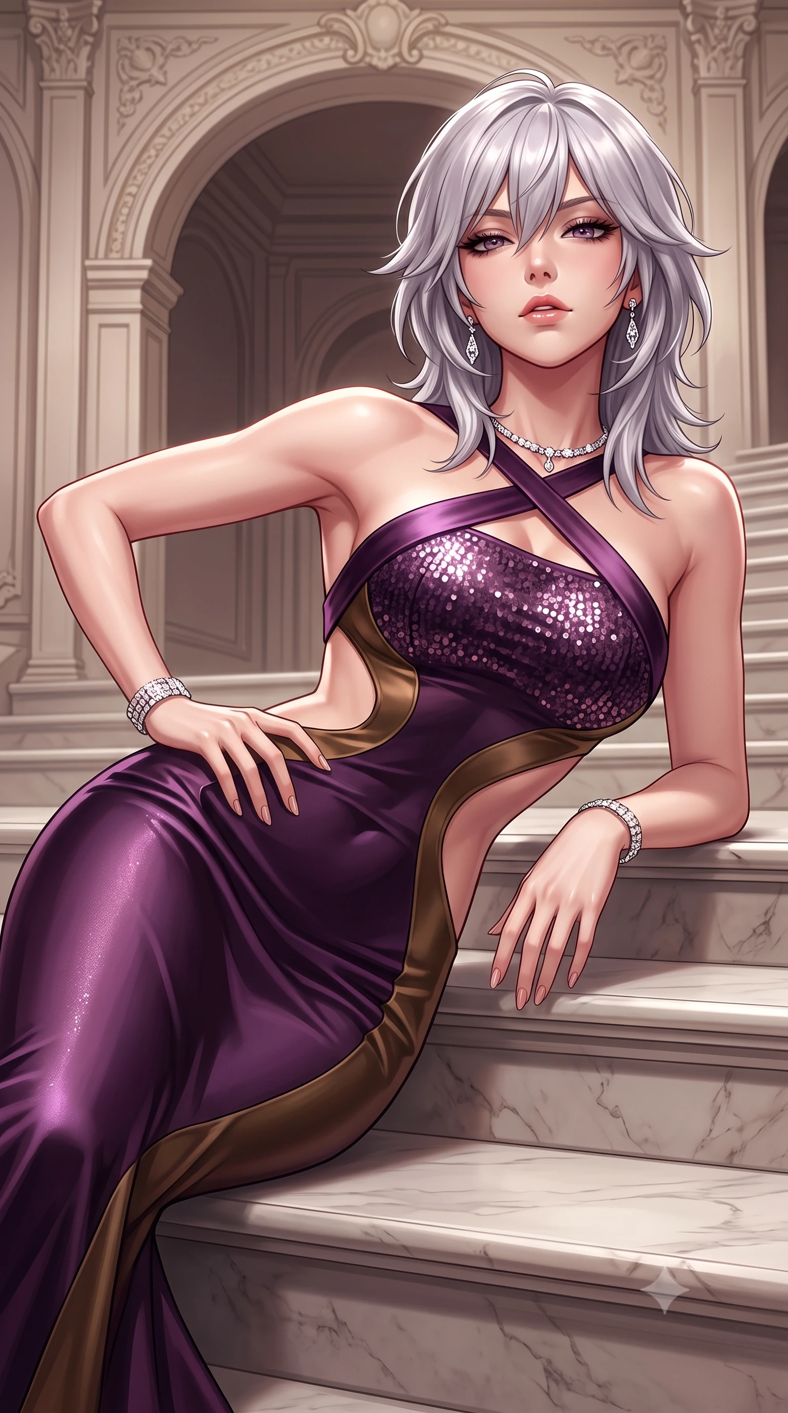 score_9, masterpiece, best quality, ultra-detailed, high-budget anime keyframe, semi-realistic 3D game render, editorial fashion photography, tasteful artistic composition, Japanese woman. close-up cowboy shot from the waist and thighs up, the character dominates the composition, filling the frame with her large presence. tilting her chin up with proud, sovereign allure while gazing through thick eyelashes, one hand resting on her waist in pure supermodel charisma while reclining on the broad marble stair landing propped on one elbow, her long slender legs and sculpted waist commanding the opulent Belle Époque space. The surrounding environment is rendered in vivid detail and crisp panoramic clarity. detailed sequin gown shimmer, diamond jewelry sparkle, and classical archway moldings in high clarity. She has an exceptionally elegant, slender, and willowy female figure with an ultra-slim waist, flat toned midriff, narrow ribcage, and sculpted feminine hips creating an alluring, slim hourglass silhouette without bulk. sharp v-shaped jawline, high-bridge nose, intricate jewel-like eyes with depth, thick eyelashes, glossy parted lips with a natural sheen, intensely captivating and seductive bedroom-eyes expression, flawlessly proportioned anatomical accuracy, strict slender model proportions, natural body alignment, perfectly sculpted long slender limbs, ultra-slim waistline, clean dynamic posture without body distortion. wearing a sculptured liquid-satin mermaid gown with an architectural open-waist cutout and bare spine in deep plum violet and antique bronze, tailored from water-resistant treated wool gabardine and flexible stretch silk, finished with criss-cross back satin straps highlighting her graceful shoulder blades, the form-contouring material adhering flawlessly to her sculpted flat midriff and slender torso, emphasizing her long leg lines and perfectly proportioned willowy build. illuminated by crisp directional spotlights sharply defining her sculpted collarbones, ultra-slim waist, and curvy hips. highly saturated vibrant anime colors, detailed shading with soft gradients, rich glossy textures, high-contrast stereoscopic depth, volumetric dynamic lighting, master piece, 9:16 ratio