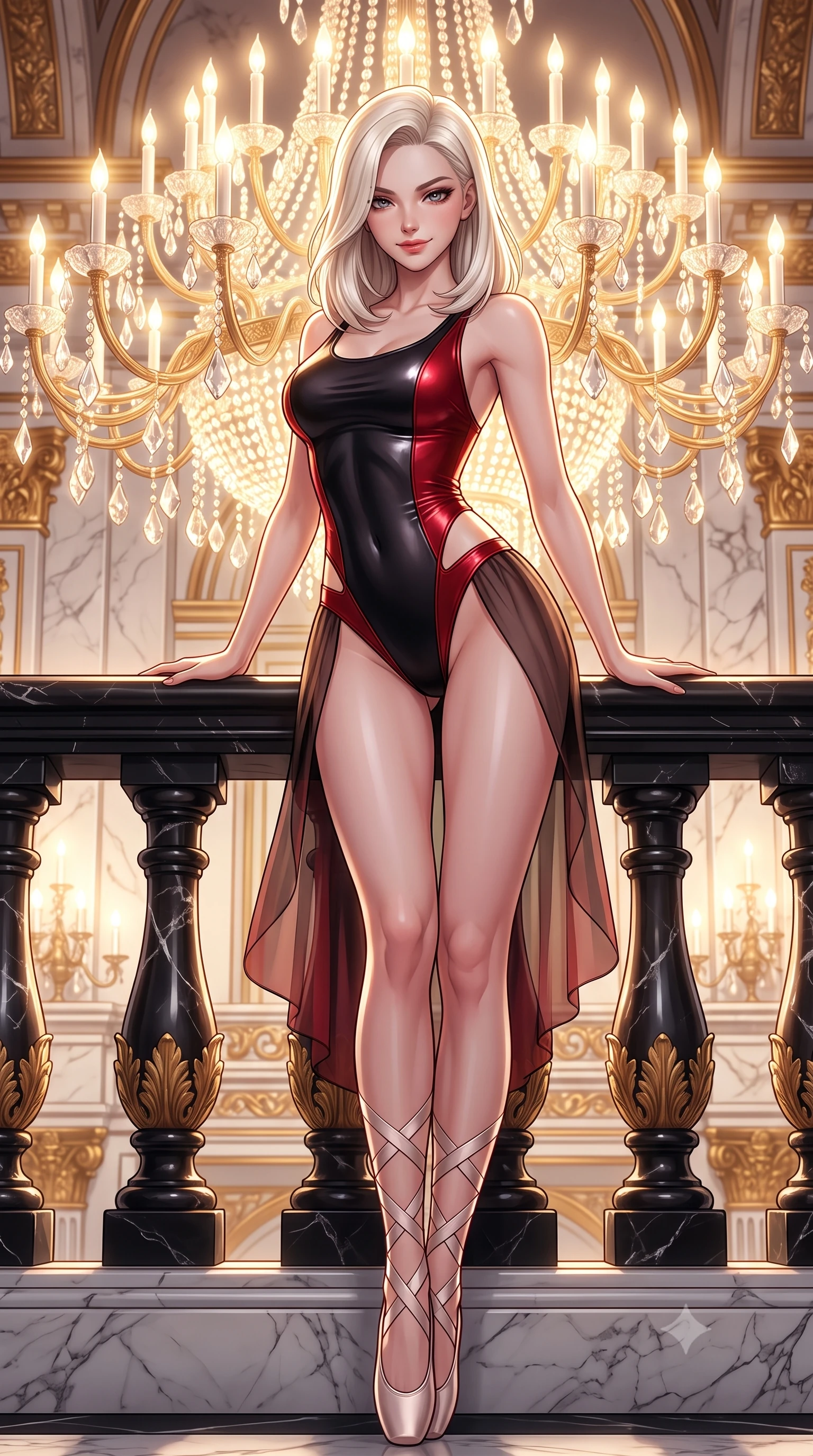 score_9, masterpiece, best quality, ultra-detailed, high-budget anime keyframe, semi-realistic 3D game render, editorial fashion photography, tasteful artistic composition, Caucasian woman. low angle full-body shot from head to toe showing her feet, filling the entire 9:16 vertical frame with her statuesque presence, stretching her vertical silhouette. leaning deep against the balcony balustrade with hips cocked back in an unapologetically alluring high-fashion stance, casting an intoxicating glance while leaning against the carved onyx balustrade with hips cocked back, looking down with an intoxicating, smoldering bedroom-smile. The surrounding environment is rendered in vivid detail and crisp panoramic clarity: sharp white Seravezza marble veining, crystal prism facet reflections, and gold-leaf leafing on carvings in deep focus. She has an absolutely perfect, statuesque 8.5-heads proportion, an exceptionally tall and slender model-like female figure with impossibly long slender legs, an ultra-slim waist, a flat toned midriff, narrow delicate ribcage, and beautifully sculpted feminine hips creating a graceful, slim hourglass silhouette without any bulky heaviness. sharp v-shaped jawline, high-bridge nose, sparkling eyes with hypnotic seductive depth, thick curled eyelashes, glossy parted lips with a natural dewy peach sheen, alluring bedroom-eyes with an enchanting coquettish smile, exuding magnetic siren charisma and sophisticated glamour, flawlessly proportioned anatomical accuracy, strict slender model proportions, natural body alignment, perfectly sculpted long slender limbs, ultra-slim waistline, clean dynamic posture without body distortion. wearing a liquid metallic lamé ballet leotard clinging like a second skin with high-cut side hip cutouts in matte obsidian black and tactical crimson red with gunmetal hardware, made of sheer gossamer chiffon that drapes softly against skin with airy translucence, finished with delicate satin ballet ribbon ties criss-crossing up her slender calves to the knee, the second-skin tailored fabric adhering flawlessly to her sculpted flat midriff and slender torso, emphasizing her long leg lines and perfectly proportioned willowy build. bathed in the warm radiant brilliance of thousands of crystal chandelier electric candles. highly saturated vibrant anime colors, detailed shading with soft gradients, rich glossy textures, high-contrast stereoscopic depth, volumetric dynamic lighting, master piece, 9:16 ratio