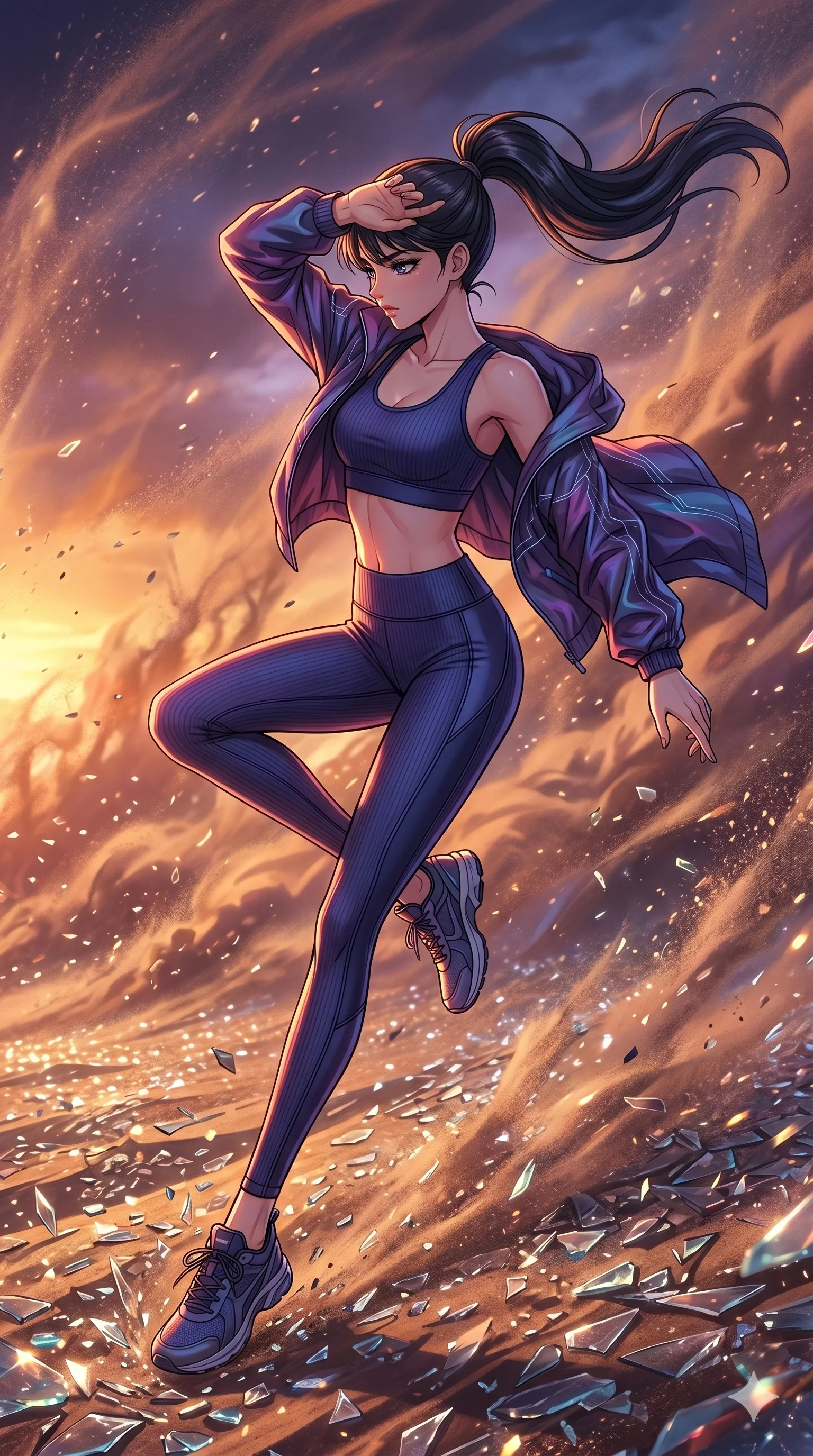 score_9, masterpiece, best quality, ultra-detailed, high-budget anime movie keyframe, cinematic anime lighting, intricate line art, Japanese woman. Mid-air action shot capturing a graceful twist and vertical silhouette. shielding her face from a sandstorm in a desert of ground glass. She has an absolutely perfect 8-heads proportion, an exceptionally tall and slender female figure with graceful and slender proportions. strictly human anatomy, two legs only, no extra limbs, clearly defined legs and arms, perfect anatomy, perfect hands and fingers. sharp v-shaped jawline, high-bridge nose, intricate jewel-like eyes, thick eyelashes, glossy lips. Wearing Premium Athleisure: Ribbed sports bra and leggings set, light windbreaker, and sleek high-performance activewear. The scene is illuminated by dramatic atmospheric lighting and vibrant color palettes. , 2k, ultra detail, master piece, 9:16 ratio
