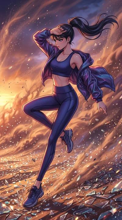 score_9, masterpiece, best quality, ultra-detailed, high-budget anime movie keyframe, cinematic anime lighting, intricate line art, Japanese woman. Mid-air action shot capturing a graceful twist and vertical silhouette. shielding her face from a sand