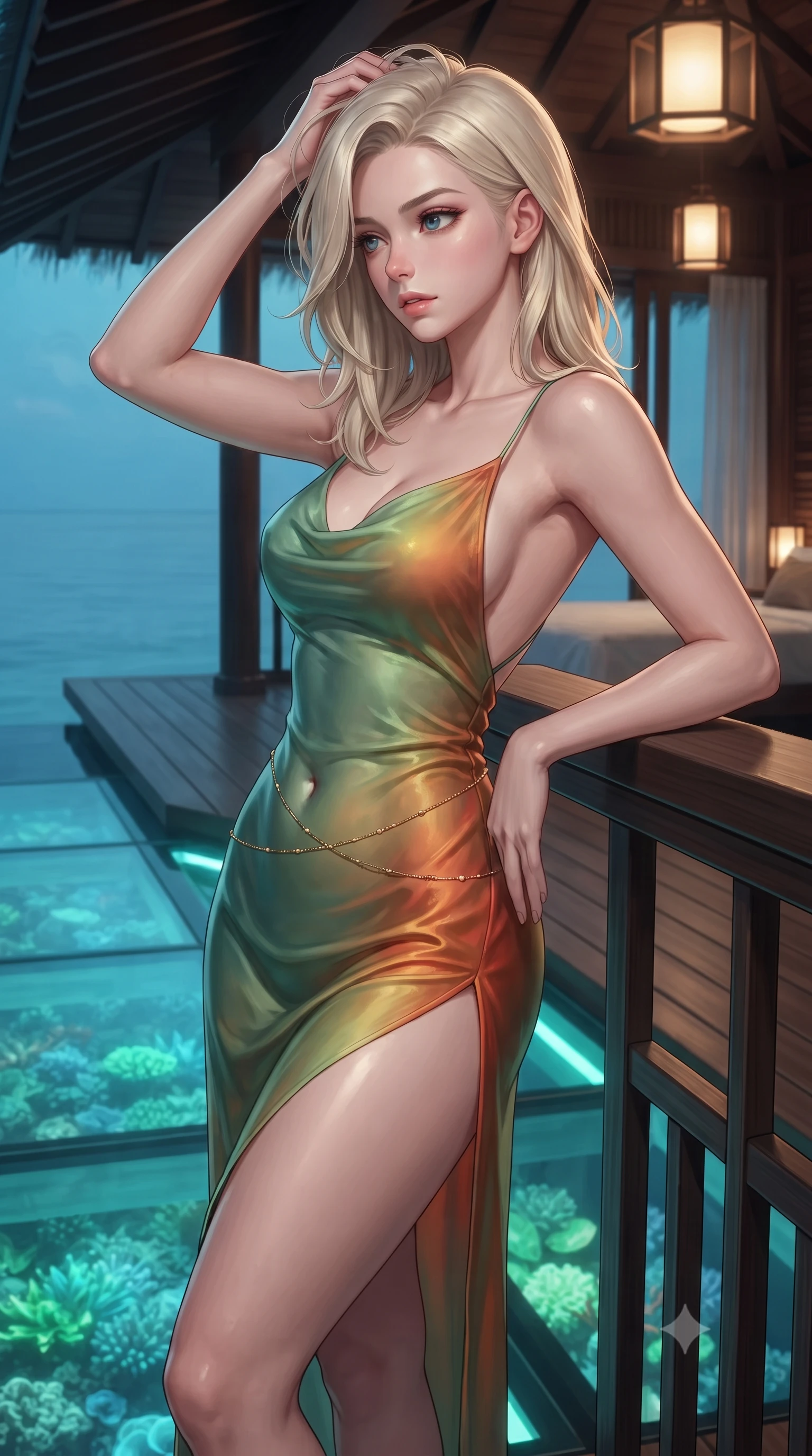 score_9, masterpiece, best quality, ultra-detailed, high-budget anime keyframe, editorial fashion photography, tasteful artistic composition, Caucasian woman. close-up cowboy shot from the waist and thighs up, the character dominates the composition, filling the frame with her large presence. twisting her slender torso in an alluring contrapposto stance, one hand resting on her sculpted hip while her fingers toy with her hair with effortless poise while leaning against the teak balustrade of the private swim-up terrace with hips cocked back, casting an intoxicating bedroom-gaze over the calm South China Sea. The surrounding environment is rendered in vivid detail and crisp panoramic clarity: sharp tempered structural glass floor clarity, natural ironwood deck planking grain, and coral reef texture in deep focus. She has an exceptionally elegant, slender, and willowy female figure with an ultra-slim waist, flat toned midriff, narrow ribcage, and sculpted feminine hips creating an alluring, slim hourglass silhouette without bulk. sharp v-shaped jawline, high-bridge nose, intricate jewel-like sparkling eyes with depth, thick eyelashes, glossy parted lips with a natural peach sheen, bright cheerful beaming smile with an enchanting and coquettish sensual glint, exuding both youthful cute charm and seductive allure, flawlessly proportioned anatomical accuracy, strict slender model proportions, natural body alignment, perfectly sculpted long slender limbs, ultra-slim waistline, clean dynamic posture without body distortion. wearing a form-contouring gossamer silk chiffon slip dress with a hip-high slit and open cowl back clinging with dewy moisture in Tanjong Pagar Peranakan jade green and gilded vermilion, tailored from ultra-plush silk velvet with rich tactile depth and deep shadow gradients, accented with a dainty gold belly chain resting across her flat midriff and curving hips, the impeccably tailored cut draping gracefully along her slender figure with aristocratic poise. bathed in underwater reef cyan-and-green LEDs shining upward through glass contrasted with warm 2600K interior ceiling lanterns. ultra-reflective glossy finish, specular highlights, rich textural contrasts, high-contrast stereoscopic depth, volumetric dynamic lighting, 2k, ultra detail, master piece, 9:16 ratio