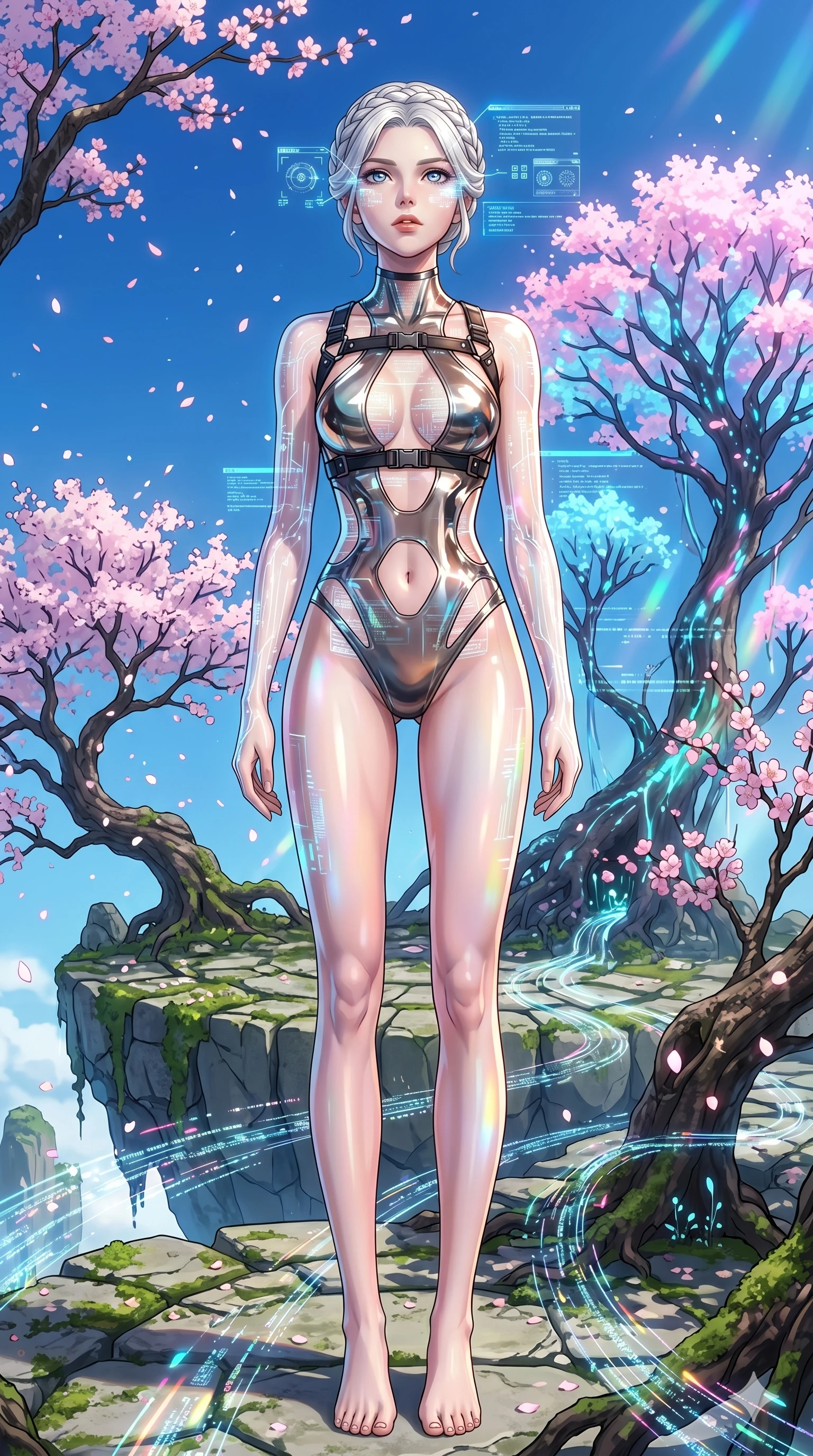 score_9, masterpiece, best quality, ultra-detailed, High-budget Anime Keyframe, vibrant colors, fluid line-art, expressive lighting, cinematic composition, Ufotable-style visual effects, top-tier animation quality, Japanese woman with delicate and elegant anime-inspired features. Low angle cowboy shot filling the entire 9:16 frame with her statuesque presence, looking up to emphasize her height. Merging her consciousness with a digital interface as rivers of data flow through her translucent skin and glowing eyes. She has an absolutely perfect 8-heads proportion, an exceptionally tall and slender female figure with impossibly long slender legs and an ultra-slim waist, her statuesque height and towering silhouette dominating the vertical 9:16 frame. Her face is a masterpiece featuring a sharp v-shaped jawline, high-bridge nose, intricate jewel-like eyes with depth, thick eyelashes, and glossy lips with a natural sheen. She is wearing a Molten metal-look bodysuit with daring cut-outs and a high-cut silhouette crafted from Transparent PVC with a high-gloss finish that reveals the intricate layers beneath, with an exposed midriff and a complex harness system that draws the eye. The scene is set in an ancient floating island with pink cherry blossoms falling like snow against a blue sky, illuminated by soft bioluminescent glow from the environment casting ethereal colors on her skin. 2k, ultra detail, master piece, 9:16 ratio