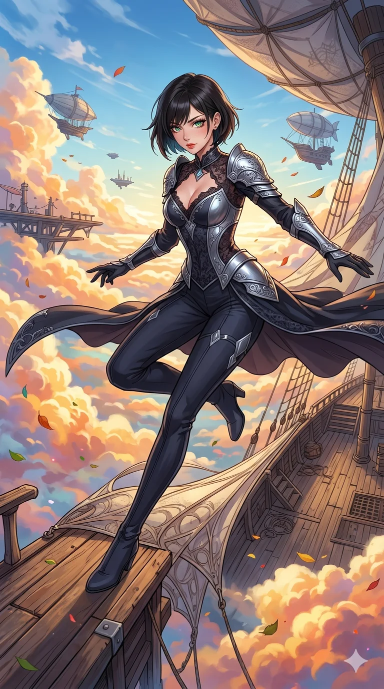 첨부의 캐릭터 얼굴만 유지해, score_9, masterpiece, best quality, ultra-detailed, Set C: High-budget Anime Keyframe, Korean woman. Low angle cowboy shot filling the entire 9:16 frame with her statuesque presence. Leaping across the sails of a giant airship in the clouds. She has an absolutely perfect 8-heads proportion, an exceptionally tall and slender female figure with elegant long slender legs and an slender waist. Sharp v-shaped jawline, high-bridge nose, intricate jewel-like eyes with depth, thick eyelashes, glossy lips. Wearing a Dark Fantasy outfit: gothic lace corset gown with silver armor and a v-neckline. Background is a bright and colorful sky with vibrant orange clouds and a wooden airship deck. 2k, ultra detail, master piece, 9:16 ratio