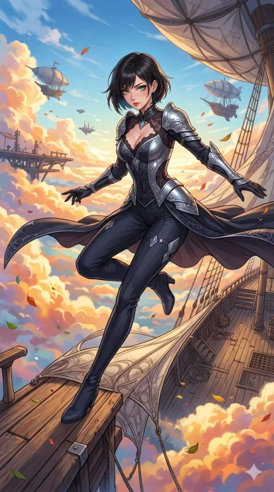 첨부의 캐릭터 얼굴만 유지해, score_9, masterpiece, best quality, ultra-detailed, Set C: High-budget Anime Keyframe, Korean woman. Low angle cowboy shot filling the entire 9:16 frame with her statuesque presence. Leaping across the sails of a giant airship in the