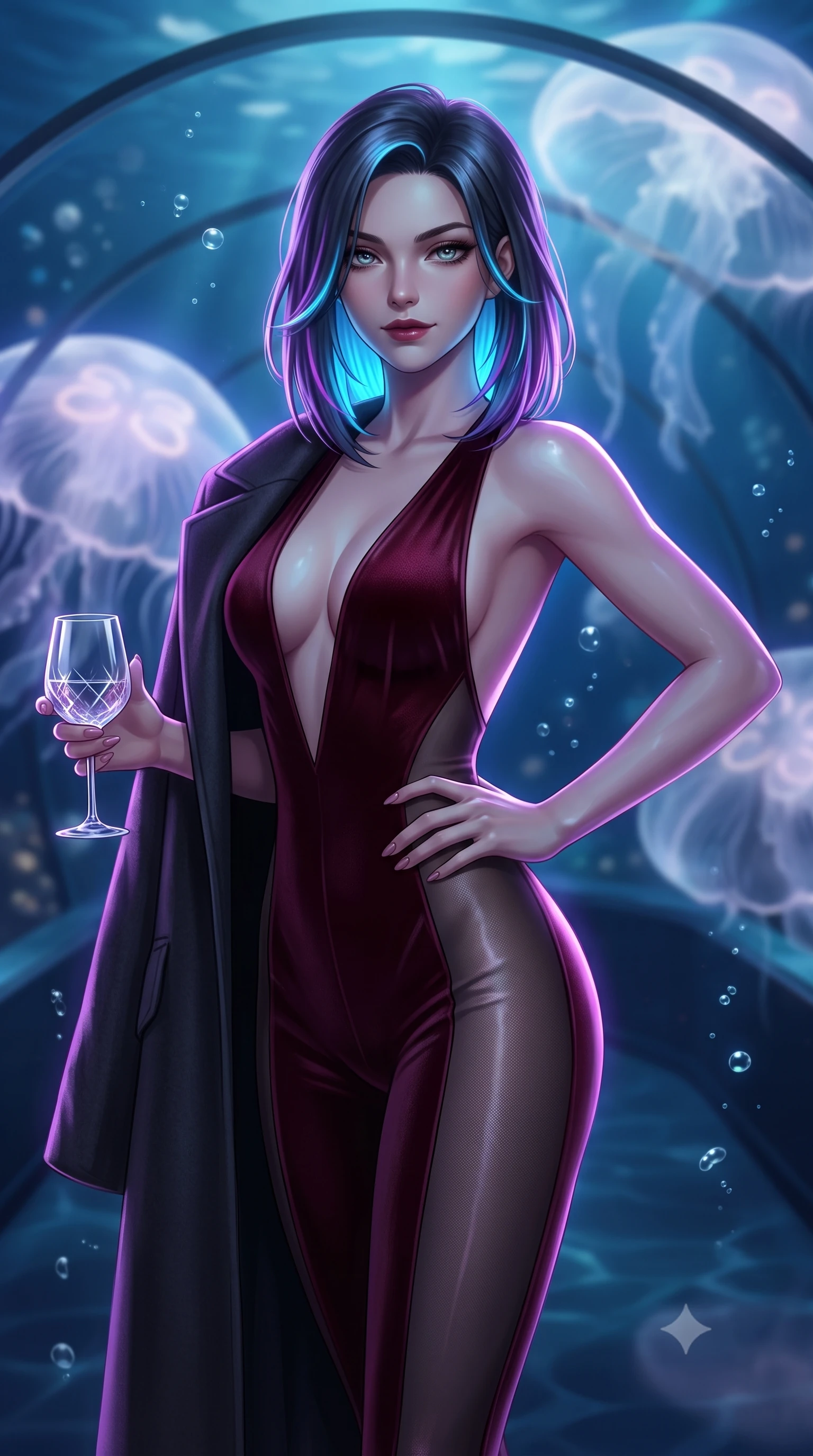 score_9, masterpiece, best quality, ultra-detailed, high-budget anime keyframe, semi-realistic 3D game render, editorial fashion photography, tasteful artistic composition, Caucasian woman. close-up cowboy shot from the waist and thighs up, the character dominates the composition, filling the frame with her large presence. twisting her slender torso in an alluring contrapposto stance, one hand resting on her sculpted hip while holding a crystal glass with effortless poise while standing centered within the curved acrylic tunnel as colossal translucent moon jellyfish pulse silently, arching her back with an ethereal, sovereign expression. The composition keeps background elements in soft focus with dreamy creamy bokeh. deep ocean water currents and floating air micro-bubbles softened in surreal aquatic shallow focus. She has an exceptionally elegant, slender, and willowy female figure with an ultra-slim waist, flat toned midriff, narrow ribcage, and sculpted feminine hips creating an alluring, slim hourglass silhouette without bulk. sharp v-shaped jawline, high-bridge nose, intricate jewel-like dark sparkling eyes with dangerous depth, thick curled eyelashes, glossy parted lips with a rich wine sheen, smoldering seductive half-smile with bedroom-eyes, exuding effortless superiority and intoxicating dark allure, flawlessly proportioned anatomical accuracy, strict slender model proportions, natural body alignment, perfectly sculpted long slender limbs, ultra-slim waistline, clean dynamic posture without body distortion. wearing a second-skin dark burgundy stretch-velvet jumpsuit with a plunging neckline and open back in smoky charcoal slate and molten rose gold, made of semi-opaque dark contouring mesh clinging like a second skin, complemented by an oversized dark cashmere coat draped casually over one shoulder, the precision-cut side openings and low-back scoop framing her graceful spine and the sensual sweep of her slim, toned hips. illuminated by pulsating ultraviolet rim lights and caustic water reflections sharply carving her razor-sharp jawline, narrow waist, and curvy hips. highly saturated vibrant anime colors, detailed shading with soft gradients, rich glossy textures, high-contrast stereoscopic depth, volumetric dynamic lighting, master piece, 9:16 ratio