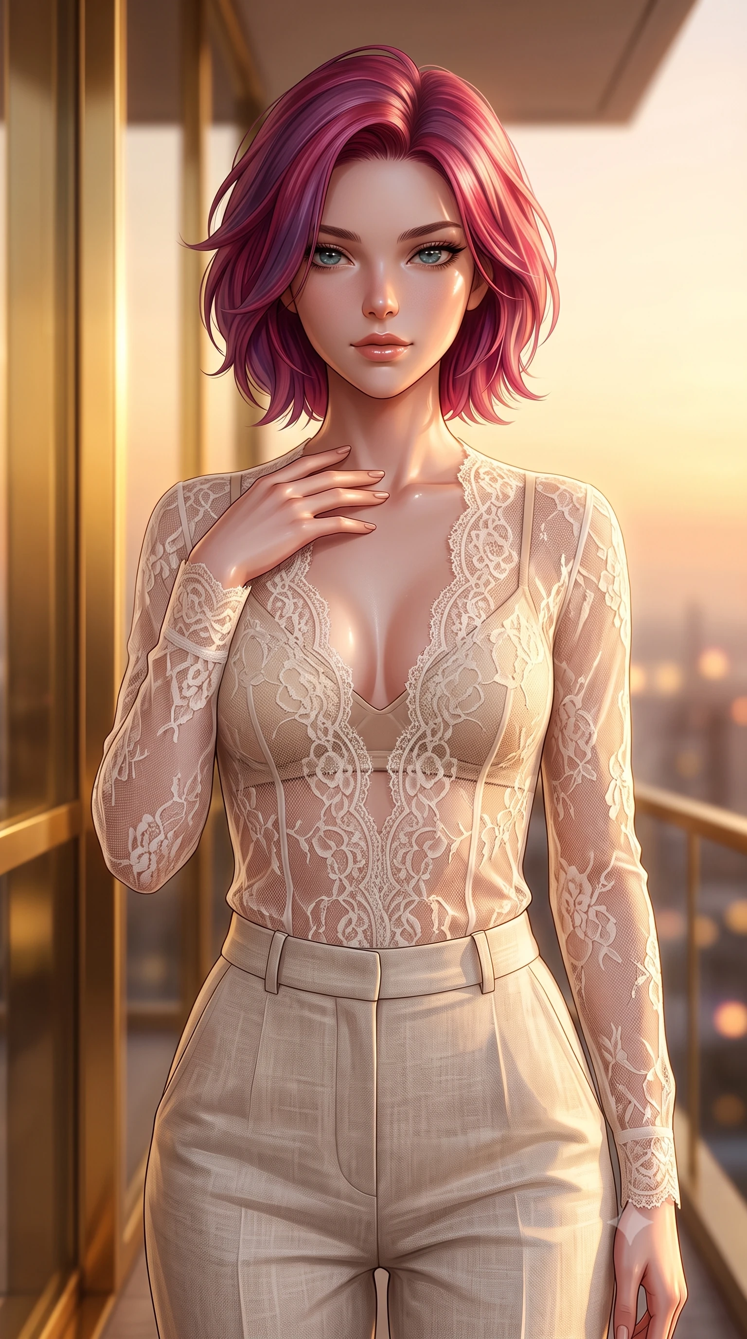 score_9, masterpiece, best quality, ultra-detailed, high-budget anime keyframe, editorial fashion photography, tasteful artistic composition, Caucasian woman. close-up cowboy shot from the waist and thighs up, the character dominates the composition, filling the frame with her large presence, background elements kept in soft focus. standing with one hand resting on her collarbone, looking at the viewer with bedroom-eyes the background shows a soft-focus a luxury hotel penthouse balcony with gold glass panels showing city lights. She has an exceptionally elegant, slender, and willowy female figure with an ultra-slim waist, a gracefully sculpted slender torso, and a refined silhouette. sharp v-shaped jawline, high-bridge nose, intricate jewel-like eyes with depth, thick eyelashes, glossy lips with a natural sheen. wearing a slim-fit sheer lace blouse in ivory white, worn over a simple beige bralette and high-waisted linen trousers. soft golden hour sunset glow painting the room in a romantic wash. ultra-reflective glossy finish, specular highlights, metallic sheen, high-contrast stereoscopic depth, volumetric dynamic lighting, 2k, ultra detail, master piece, 9:16 ratio