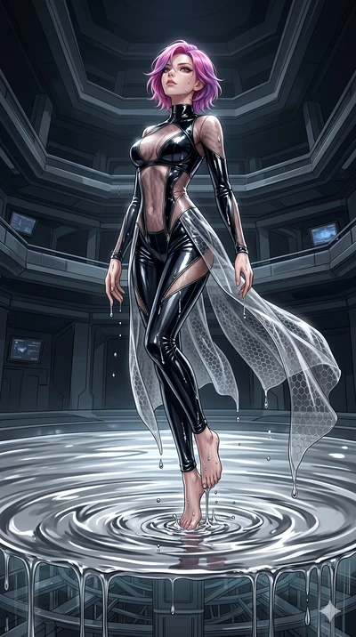 score_9, masterpiece, best quality, ultra-detailed, High-budget Anime Keyframe, East Asian woman. Dynamic full-body shot stretching the vertical silhouette to the limit. Scenario 54: Rising from a pool of mercury-like liquid, droplets rolling off her