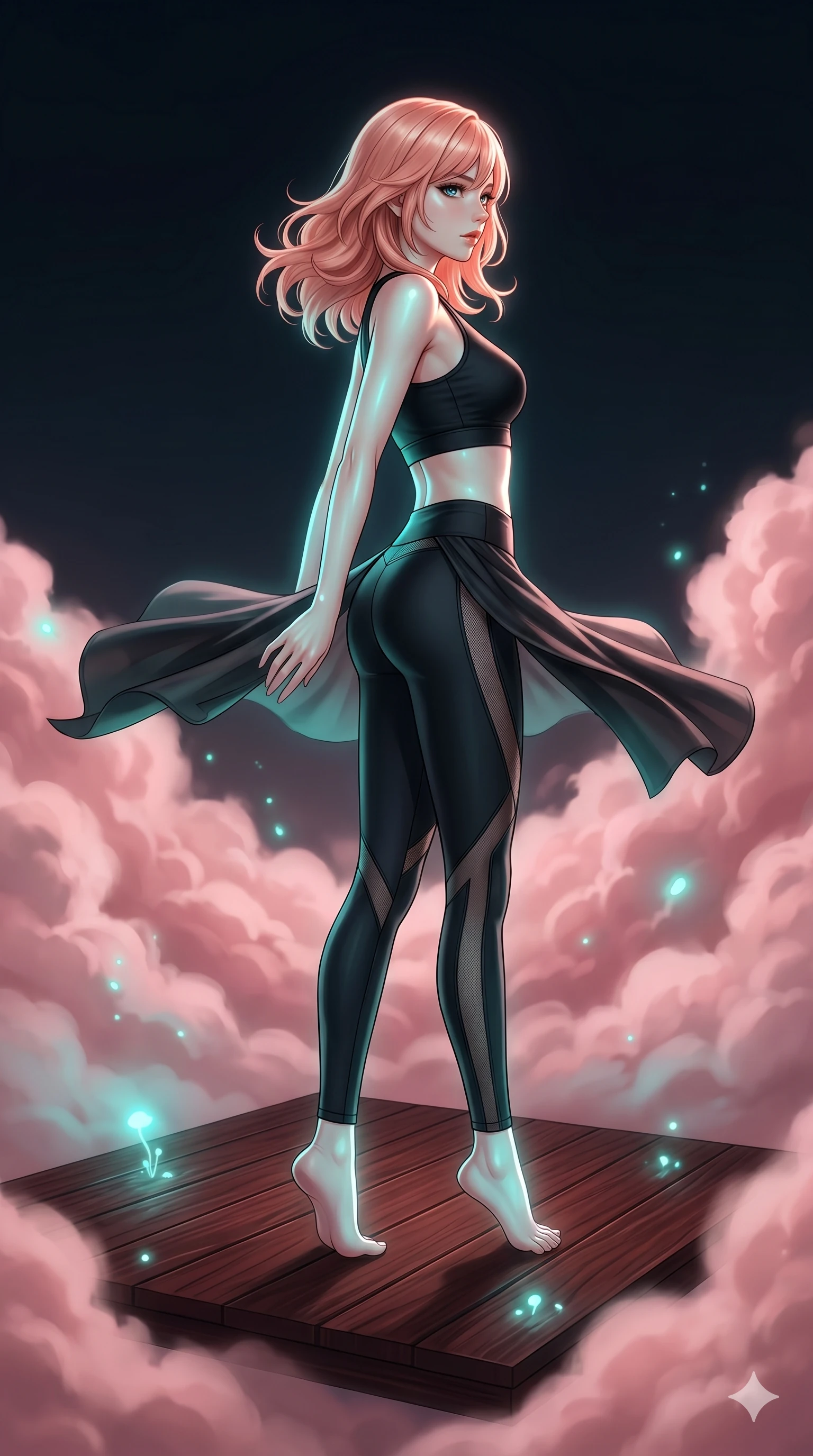 score_9, masterpiece, best quality, ultra-detailed, high-budget anime keyframe, editorial fashion photography, tasteful artistic composition, Japanese woman. low angle full-body shot from head to toe showing her feet, filling the entire 9:16 vertical frame with her statuesque presence, stretching her vertical silhouette. Spinning mid-turn with clothing caught in motion on a floating deck of dark mahogany wood suspended inside a rose-colored cloud formation. She has an absolutely perfect 8-heads proportion, an exceptionally tall and slender female figure with impossibly long slender legs and an ultra-slim waist. V-shaped jawline, high-bridge nose, intricate jewel-like eyes with depth, thick eyelashes, glossy lips with a natural sheen. wearing a crop top and high-waist leggings in matte black performance fabric with geometric semi-opaque mesh panels tracing the outer lines of her legs and waist. illuminated by soft aqua bioluminescent light that makes her skin luminously glow against the dark. 2k, ultra detail, master piece, 9:16 ratio