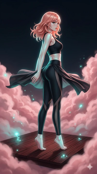score_9, masterpiece, best quality, ultra-detailed, high-budget anime keyframe, editorial fashion photography, tasteful artistic composition, Japanese woman. low angle full-body shot from head to toe showing her feet, filling the entire 9:16 vertical