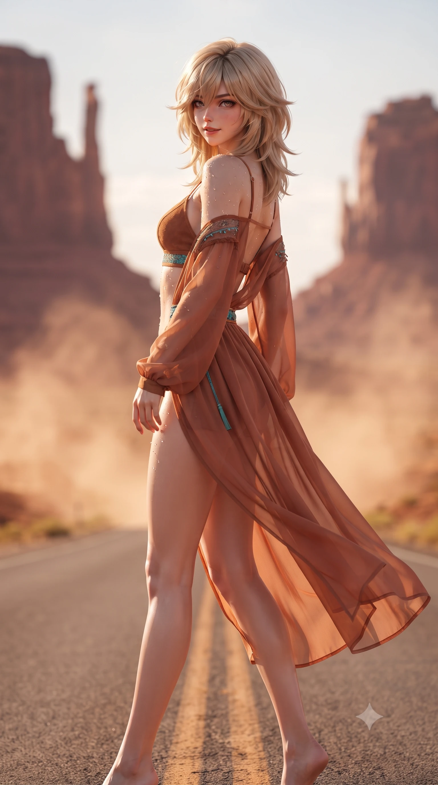 score_9, masterpiece, best quality, ultra-detailed, high-budget anime keyframe, editorial fashion photography, tasteful artistic composition, Japanese woman. low angle full-body shot from head to toe showing her feet, filling the entire 9:16 vertical frame with her statuesque presence, stretching her vertical silhouette. executing a slow, graceful pivot turn as her skirt sways around her slender legs, glancing back with an enchanting, teasing sensual expression while standing centered on the empty desert highway with hips cocked back, arching her back with fiery outlaw glamour against monumental sandstone buttes. The background shows a soft-focus colossal red sandstone buttes, endless vanishing highway tarmac, and swirling dust plumes blurred into terracotta, ochre, and golden-hour bokeh. She has an absolutely perfect, statuesque 8.5-heads proportion, an exceptionally tall and slender model-like female figure with impossibly long slender legs, an ultra-slim waist, a flat toned midriff, narrow delicate ribcage, and beautifully sculpted feminine hips creating a graceful, slim hourglass silhouette without any bulky heaviness. sharp v-shaped jawline, high-bridge nose, sparkling eyes with hypnotic seductive depth, thick curled eyelashes, glossy parted lips with a natural dewy peach sheen, alluring bedroom-eyes with an enchanting coquettish smile, exuding magnetic siren charisma and sophisticated glamour, flawlessly proportioned anatomical accuracy, strict slender model proportions, natural body alignment, perfectly sculpted long slender limbs, ultra-slim waistline, clean dynamic posture without body distortion. wearing a delicate sheer chiffon western duster robe slipping off bare shoulders over a matching strappy suede bralette in terracotta rust and desert sand gold with turquoise accents, crafted from fluid liquid silk satin that clings smoothly to every curve with a dewy sheen, finished with glistening drops of seawater beading across her sculpted shoulders and flat midriff, the precision-cut side openings and low-back scoop framing her graceful spine and the sensual sweep of her slim, toned hips. illuminated by chrome specular glints and sharp golden-amber rim lights sculpting her razor-sharp jawline, narrow waist, and curvy hips. ultra-reflective glossy finish, specular highlights, rich textural contrasts, high-contrast stereoscopic depth, volumetric dynamic lighting, 2k, ultra detail, master piece, 9:16 ratio