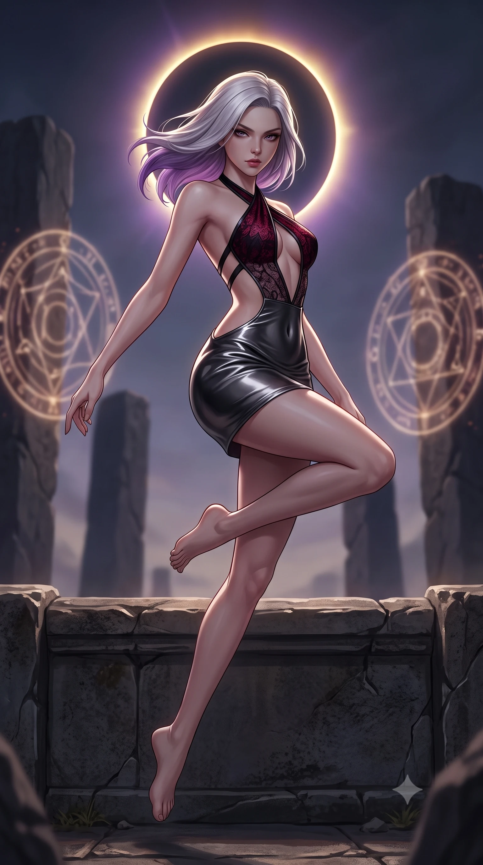 score_9, masterpiece, best quality, ultra-detailed, high-budget anime keyframe, semi-realistic 3D game render, editorial fashion photography, tasteful artistic composition, Caucasian woman. low angle full-body shot from head to toe showing her feet, filling the entire 9:16 vertical frame with her statuesque presence, stretching her vertical silhouette. performing an alluring mid-air vault with flawless poise, looking directly into the camera with smoldering, predatory intensity while arching her spine in a powerful yet enticing stance as the eclipsed solar corona casts a sharp golden-violet halo. The composition keeps background elements in soft focus with creamy bokeh. ancient basalt monolithic pillars and glowing arcane circles softened by moody atmospheric focus. She has an absolutely perfect, statuesque 8.5-heads proportion, an exceptionally tall and slender model-like female figure with impossibly long slender legs, a toned flat midriff, and an ultra-slim waist. sharp v-shaped jawline, high-bridge nose, intricate jewel-like eyes with depth, thick eyelashes, glossy lips with a natural sheen, flawlessly proportioned anatomical accuracy, strict slender model proportions, natural body alignment, perfectly sculpted long slender limbs, ultra-slim waistline, clean dynamic posture without body distortion. wearing a molten gunmetal liquid-metal mini dress featuring deep side-waist cutouts and a daring crossover halter neckline in midnight onyx black and deep blood crimson, crafted from delicate dark lace interwoven with luminescent micro-fibers, complemented by criss-cross back straps highlighting her completely bare spine, the precision-cut daring openings accentuating her delicate midriff, graceful bare collarbones, and ultra-slim feminine waistline. illuminated by deep shadow chiaroscuro tracing her sculpted flat midriff, bare spine, and slender limbs. rich saturated anime colors with deep moody shadows, detailed chiaroscuro shading with soft gradients, rich glossy textures, high-contrast stereoscopic depth, volumetric dynamic shadow lighting, master piece, 9:16 ratio