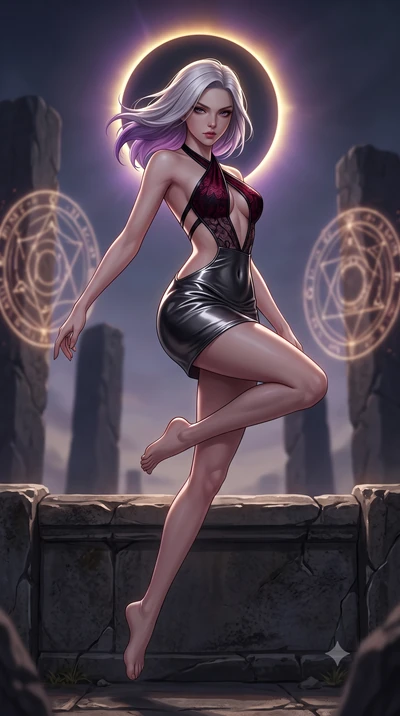 score_9, masterpiece, best quality, ultra-detailed, high-budget anime keyframe, semi-realistic 3D game render, editorial fashion photography, tasteful artistic composition, Caucasian woman. low angle full-body shot from head to toe showing her feet, 